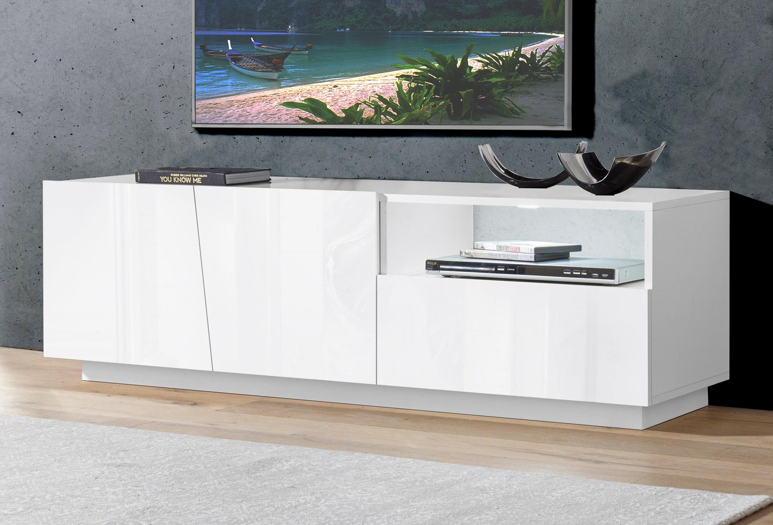 möbelando TV-Board Viterbo, Modernes TV-Lowboard aus Spanplatte in  Weiß-Hochglanz mit 2 Holztüren, 1 Schubkasten und 1 offenes Fach. Breite  150 cm, Höhe 46 cm, Tiefe 43 cm