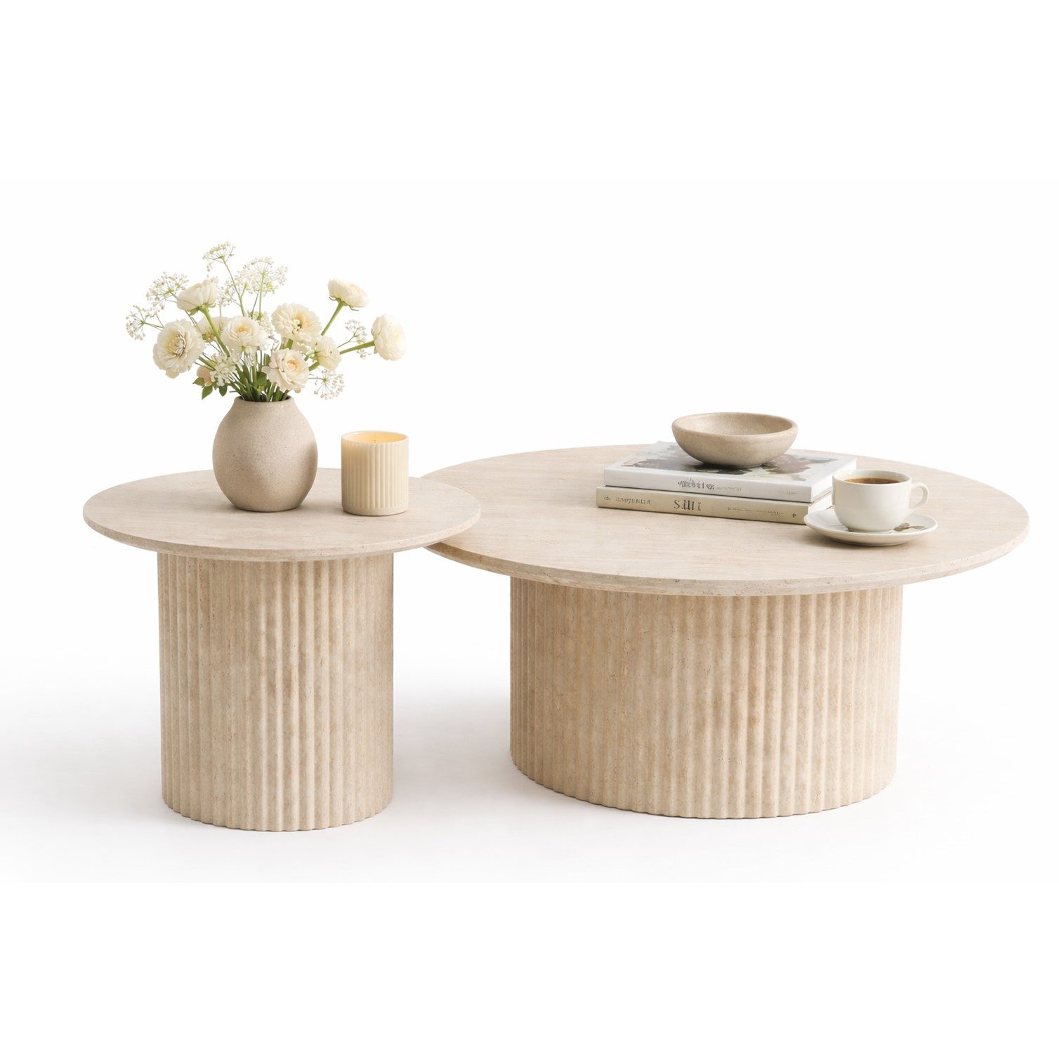 HOOZ Couchtisch Wohnzimmertisch rund 2er Set Trommel Gestell Traventin Optik 80 & 60cm (Set, 2-St., 2× Satztisch), Sofatisch mit geriffeltem Gestell – stabil & pflegeleicht