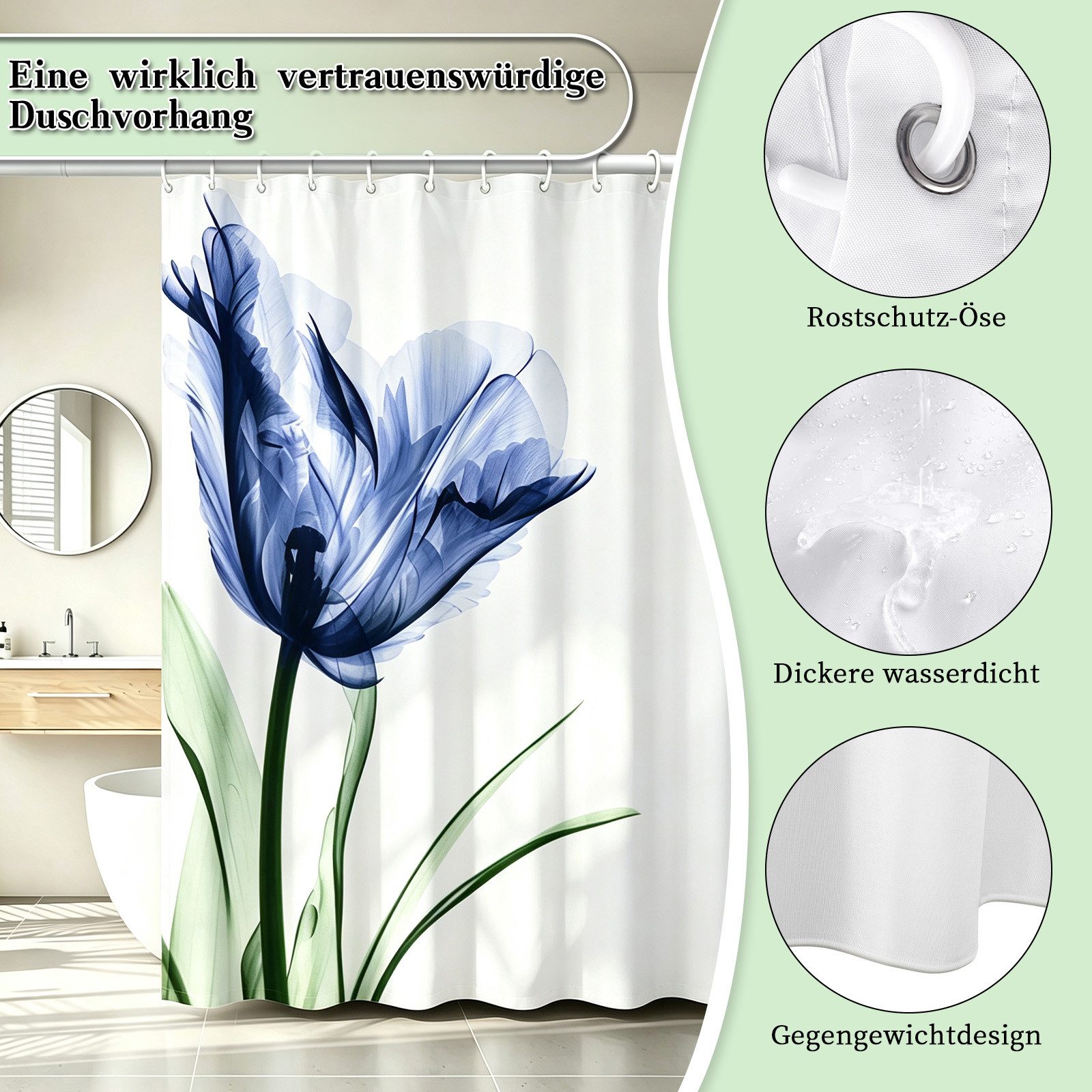 M&W DAS DESIGN Duschvorhang 180x200 Shower curtains Anti schimmel Waschbar lila Tulpen – Bild 4 von 5