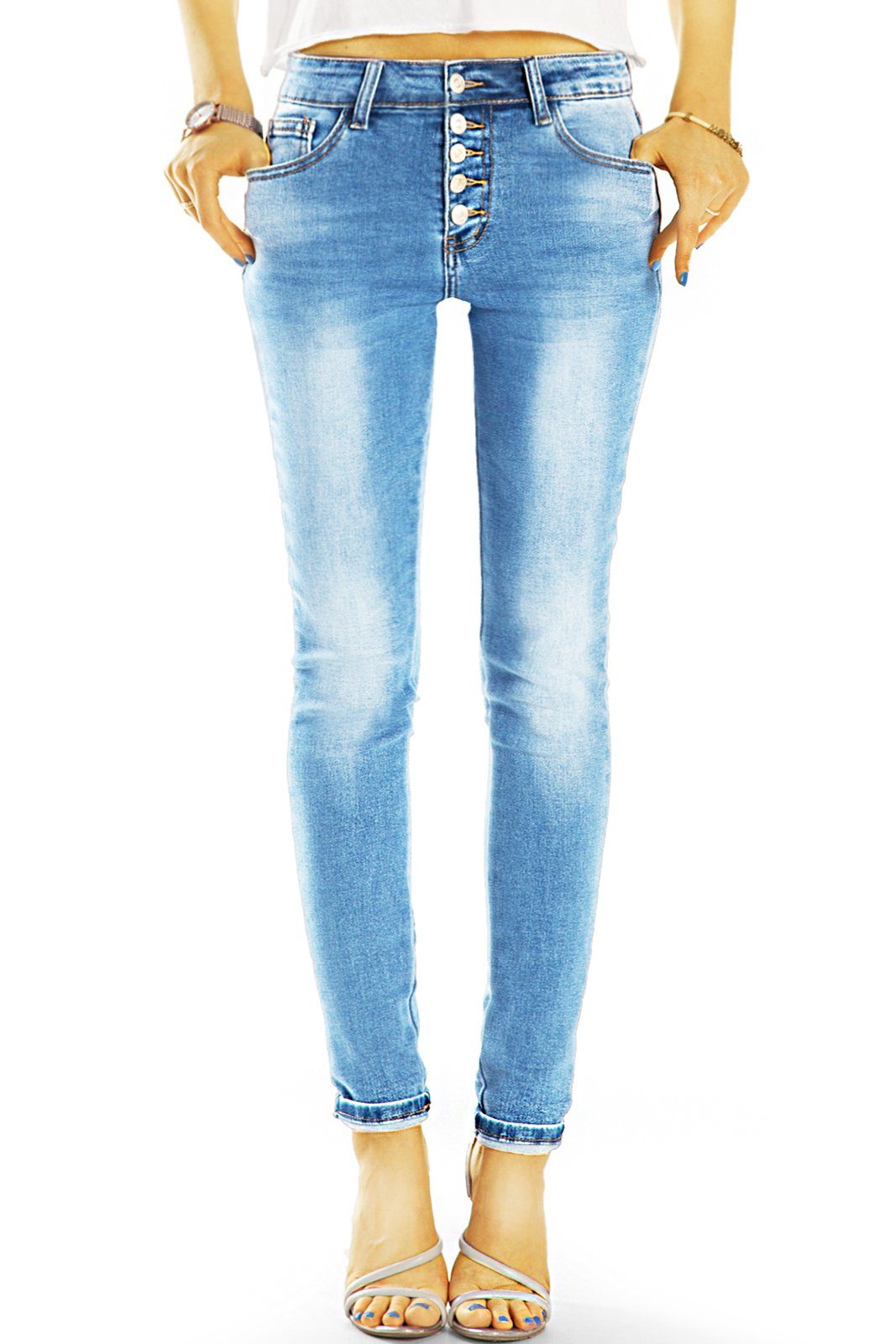 be styled 5-Pocket-Jeans »medium waist Jeans tappered mit Knopfleiste -  bequeme stretch skinny hose - Damen - j15m« mit Stretch-Anteil,  5-Pocket-Style online kaufen | OTTO