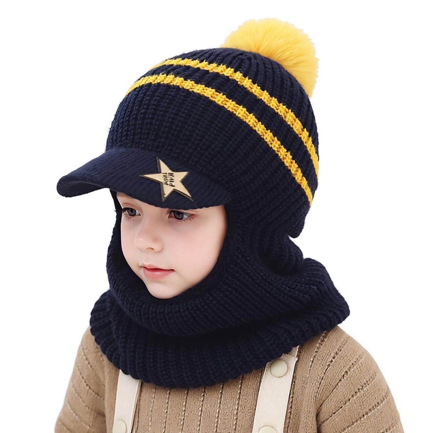 Sturmhaube Schlupfmütze Kinder Fleece Thermo Sturmhaube Bommel Marineblau