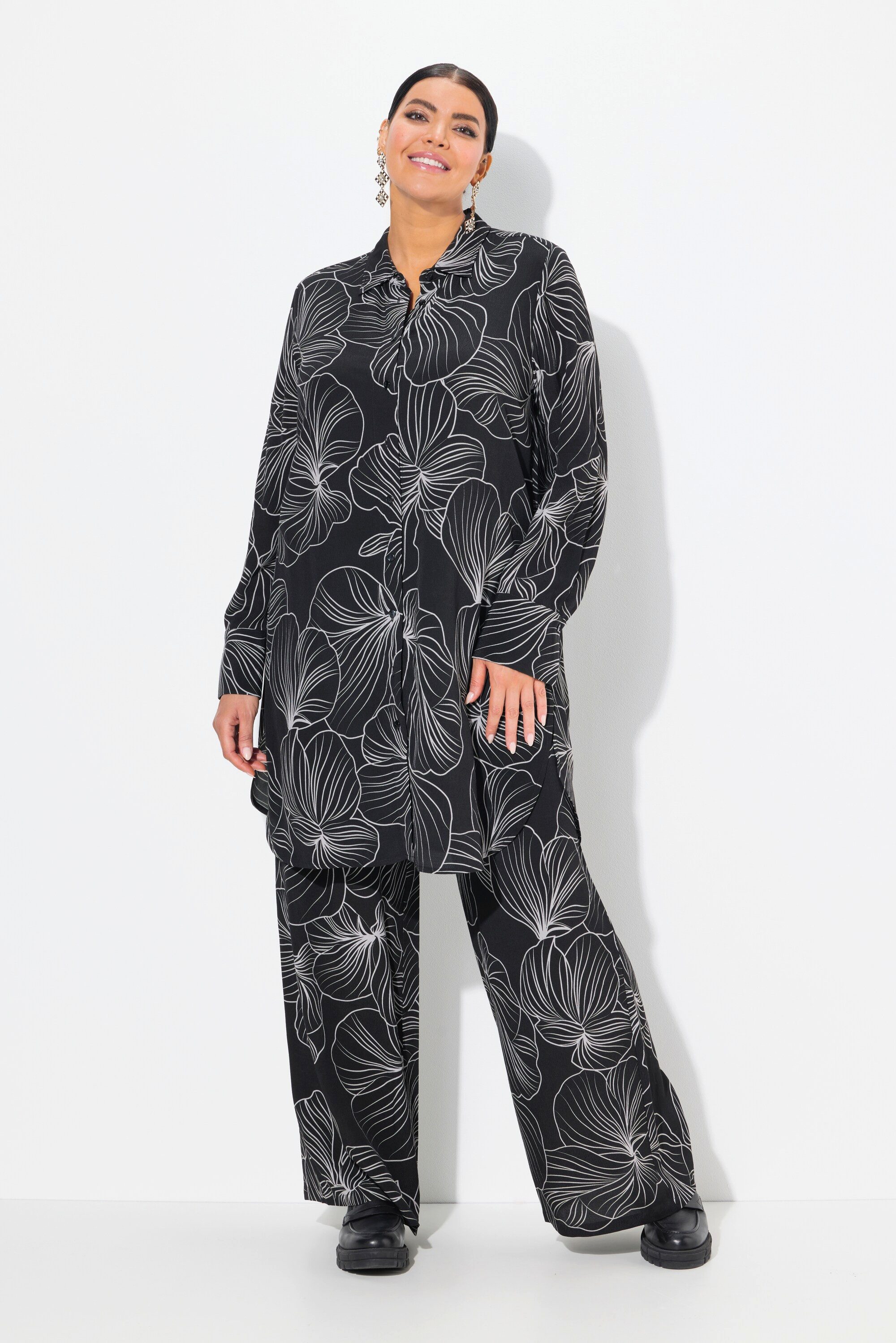 Longbluse Longbluse Blüten A-Linie Hemdkragen Langarm