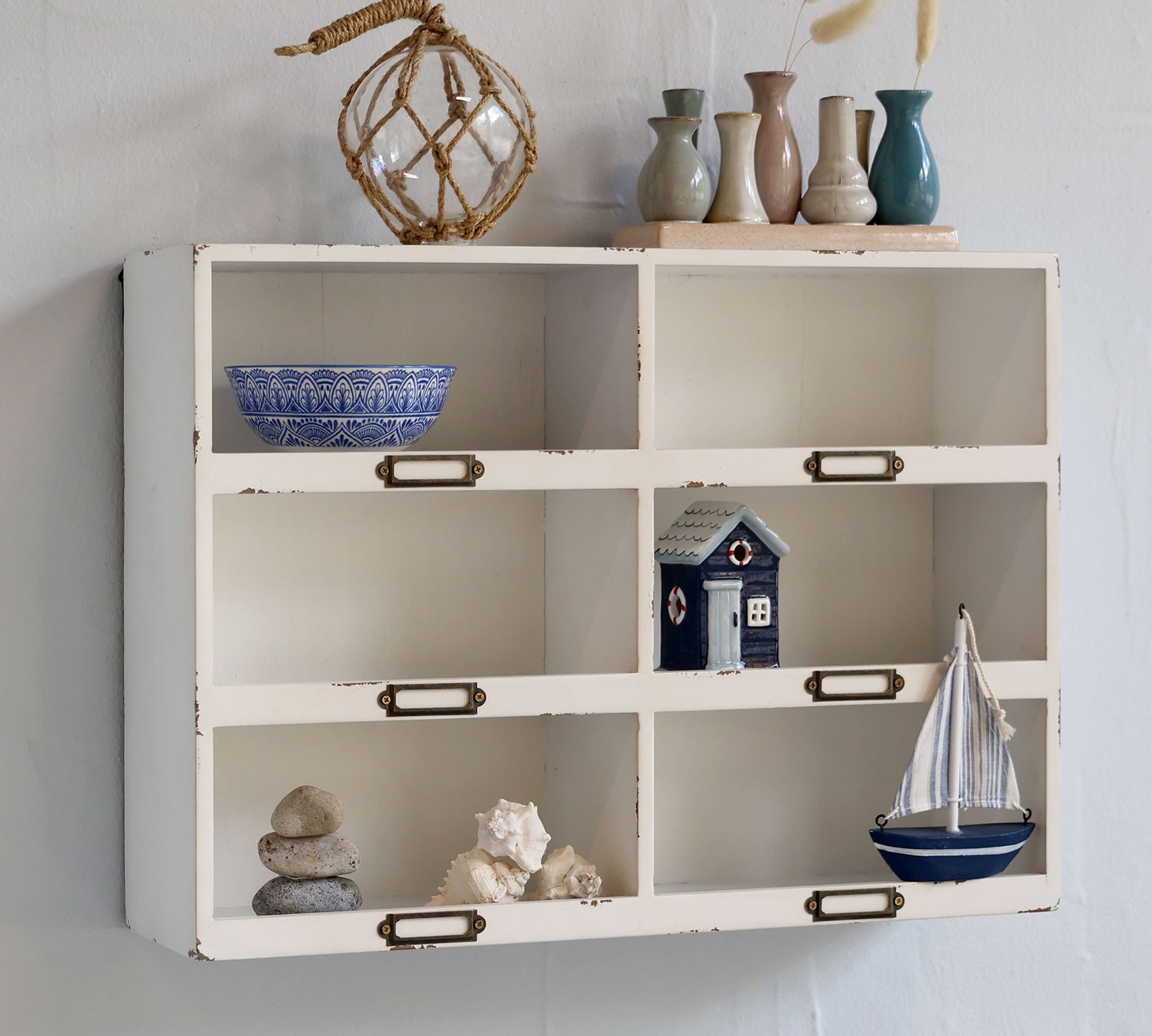 Chic Antique Wandregal Chic Antique - Wandregal Regal Holzregal Holz 6 Fächer H37xL50cm Weiß