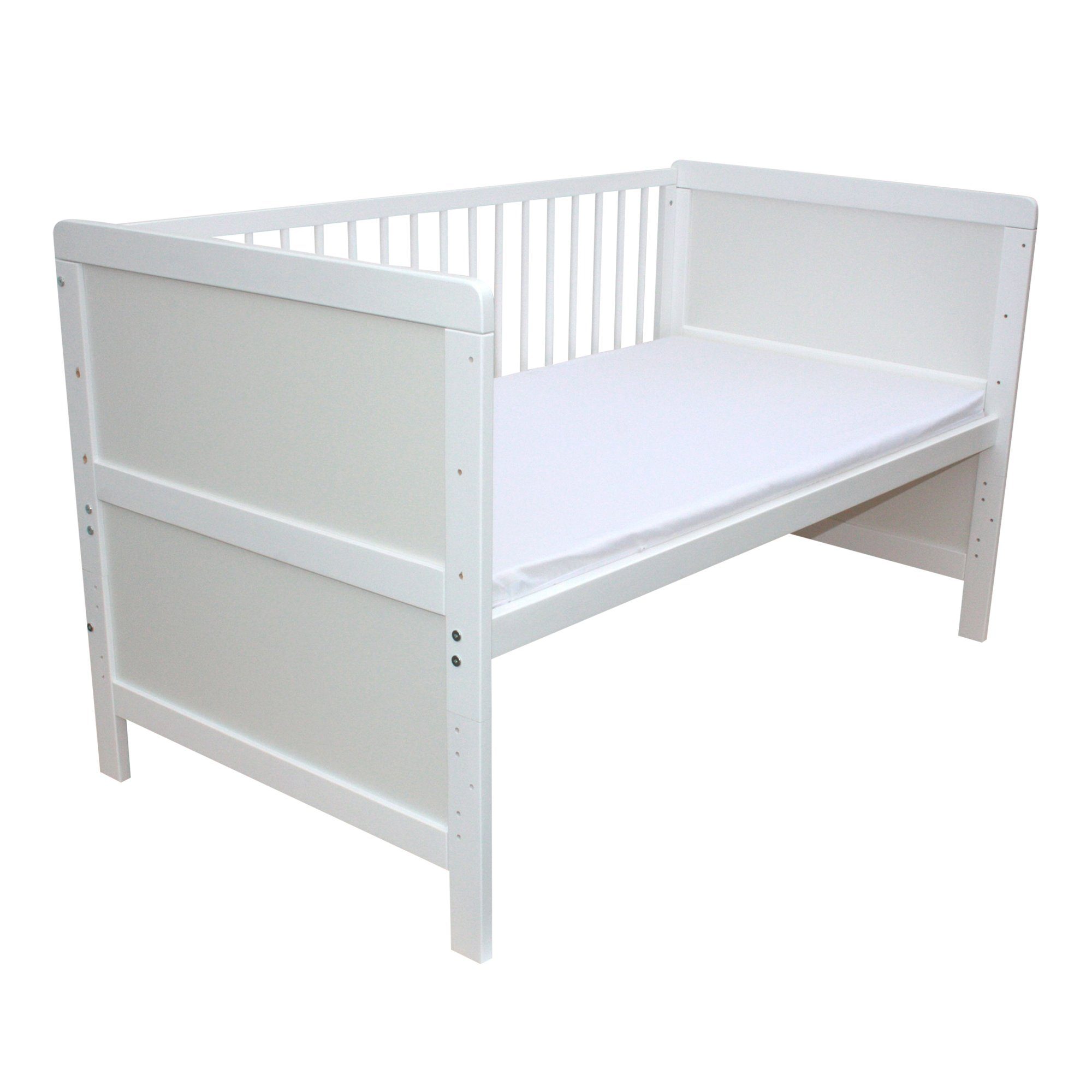 Micoland Kinderbett Kinderbett Juniorbett Beistellbett Wiege 140x70cm 4in1 + Matratze weiß