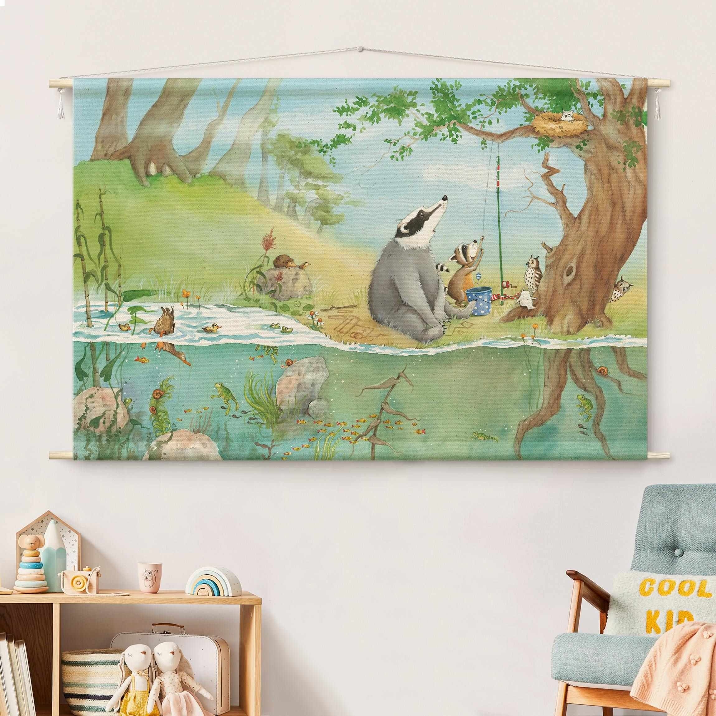 Bilderdepot24 Wandteppich Kinderzimmer modern Wald Aquarell Natur türkis, rechteckig, Höhe: 2.6 mm, großes Wandbild aus Natur-Baumwolle Wandbehang Stoffbild Tuch Wollseil