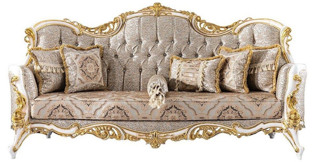 Casa Padrino Sofa Casa Luxus Beige Luxus - Glitzersteinen Schwarz Prunkvolles Silber / Weiß Wohnzimmer Barockstil Barock Padrino - Barock Einrichtung - Sofa Sofa / Barockstil im Wohnzimmer Möbel Möbel mit / Gold / 