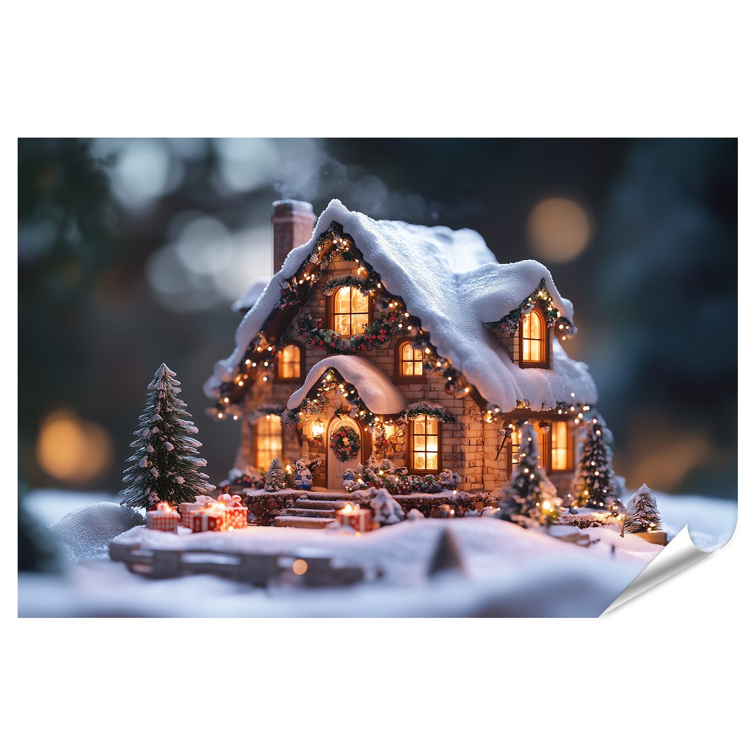 islandburner Poster Märchenhaftes Schneebedecktes Weihnachtshaus günstig online kaufen