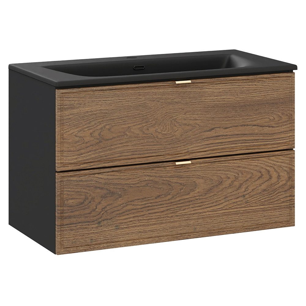 Lomadox Waschtisch TARSIA-56, Keramikwaschbecken, Eiche mit schwarz, 81cm breit