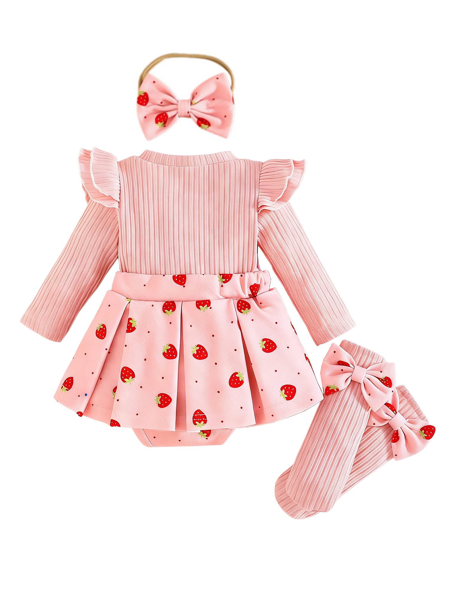 Lapastyle Strampler Baby Mädchen Strickkleid Set Erdbeer Muster mit Stirnband Strümpfen (Set, 3-tlg) Baby Festliches Outfit Set mit Rüschen Schleifen für Frühling Herbst