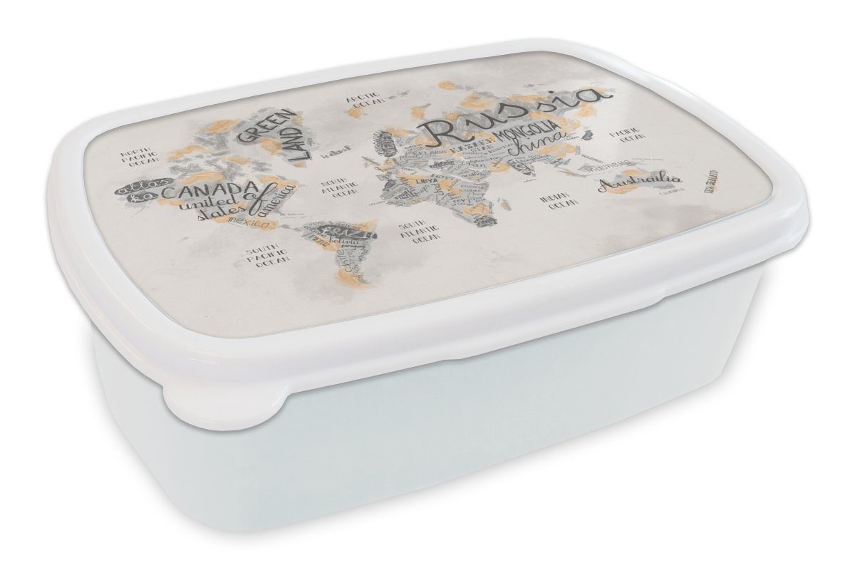 MuchoWow Lunchbox Weltkarte - Briefe - Braun, Kunststoff, (2-tlg), Brotbox für Kinder und Erwachsene, Brotdose, für Jungs und Mädchen weiß