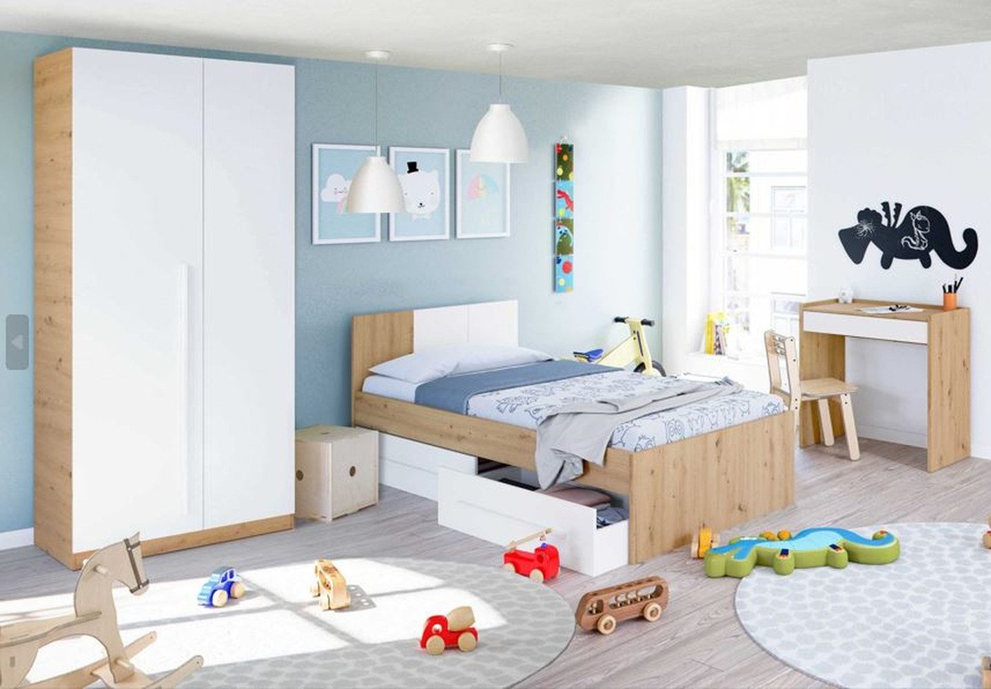 freiraum Jugendzimmer-Set NOA, (Jugendbettkasten mit Kopfteil + Kleiderschrank + Kinderschreibtisch), in Nodi-Eiche/Artik-Weiß - 196x77x92 (BxHxT)