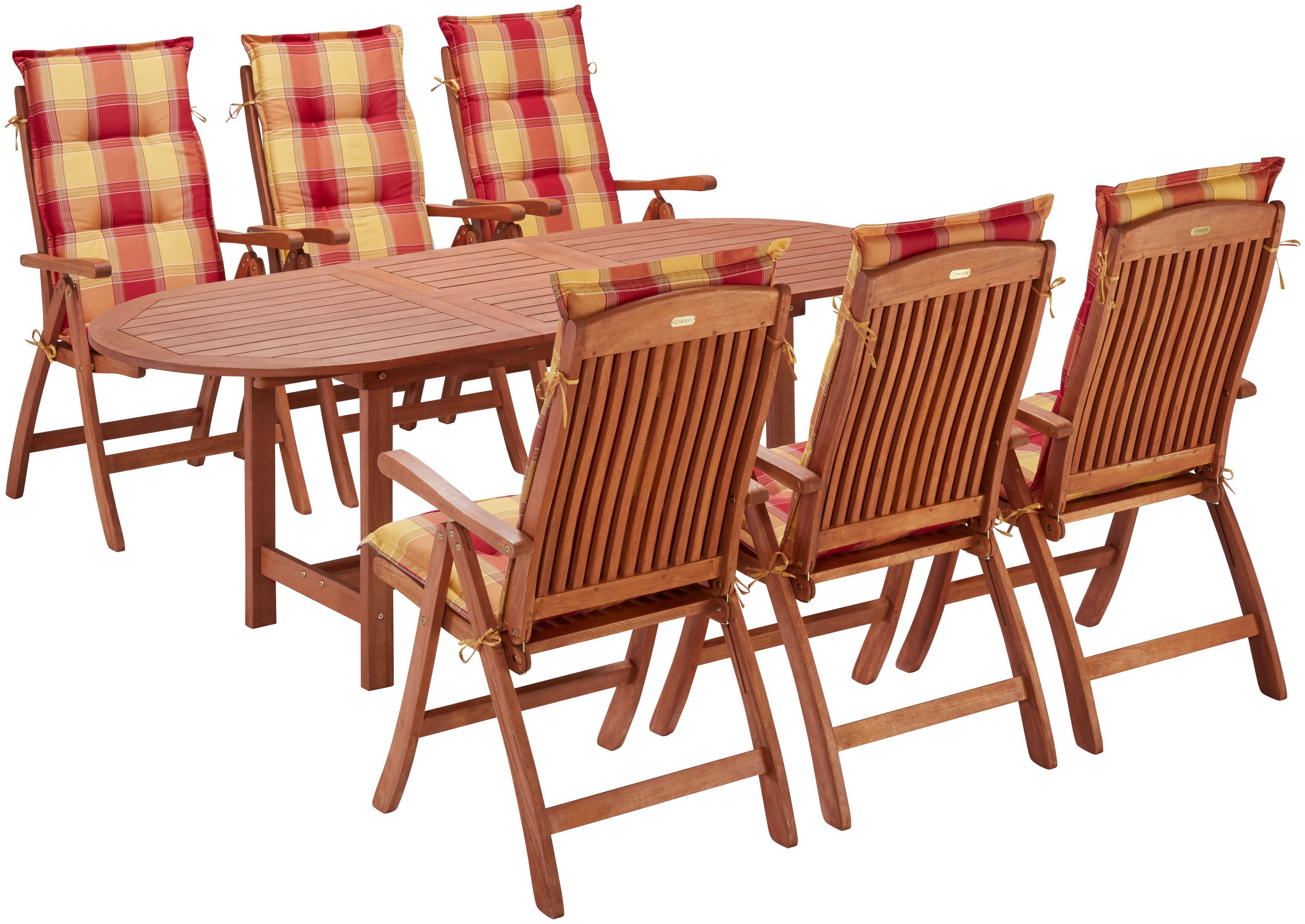 MERXX Garten-Essgruppe Maracaibo, (13-tlg., 6xKlappsessel, inkl. Auflagen, 1x Ausziehtisch 160(210)x90 cm), Eukalyptusholz, FSC® Mix, geeignet für 6 Personen