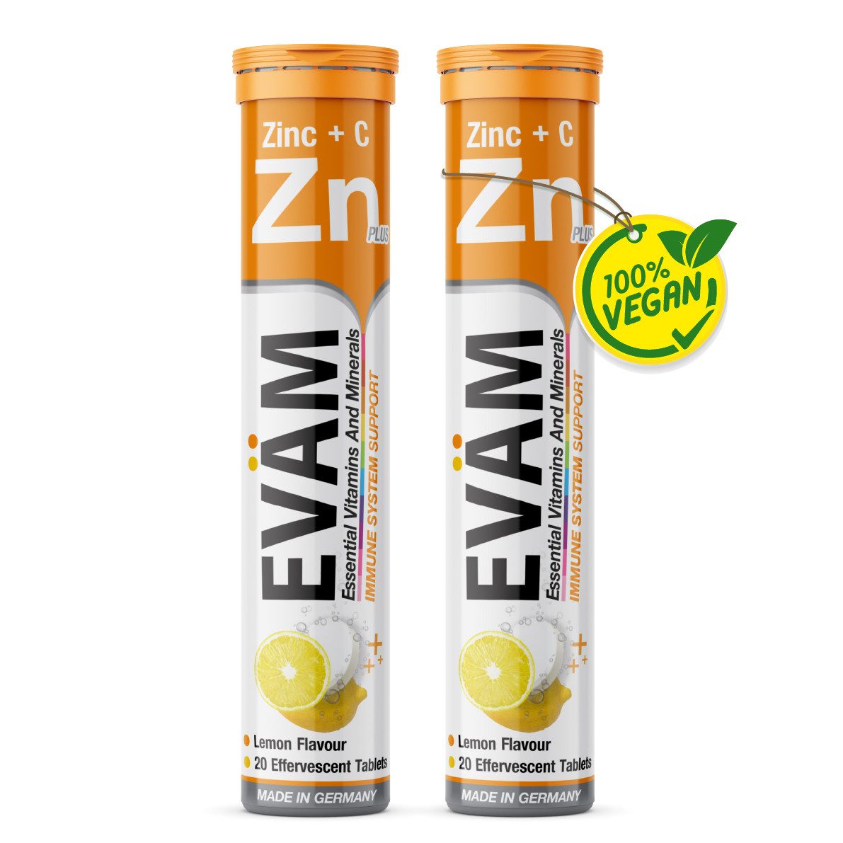 EVÄM Zink + Vitamin C Brausetabletten Zitronig Vegan Brausetabletten, 2 er Röhrchen à 20 St., 164 g, made in Germany