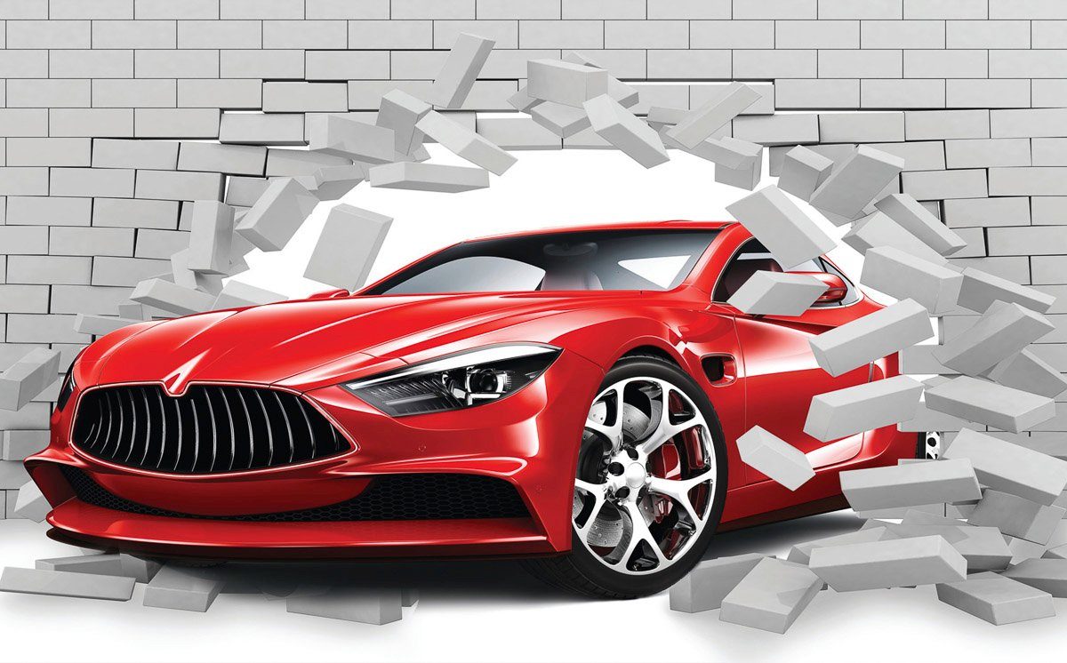 Papermoon Fototapete Auto durch Mauer 3D Effekt