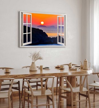 Sinus Art Leinwandbild Wandbild 120x80cm Fensterbild Sonnenuntergang Meer Horizont Felsen Rot, (1 St)