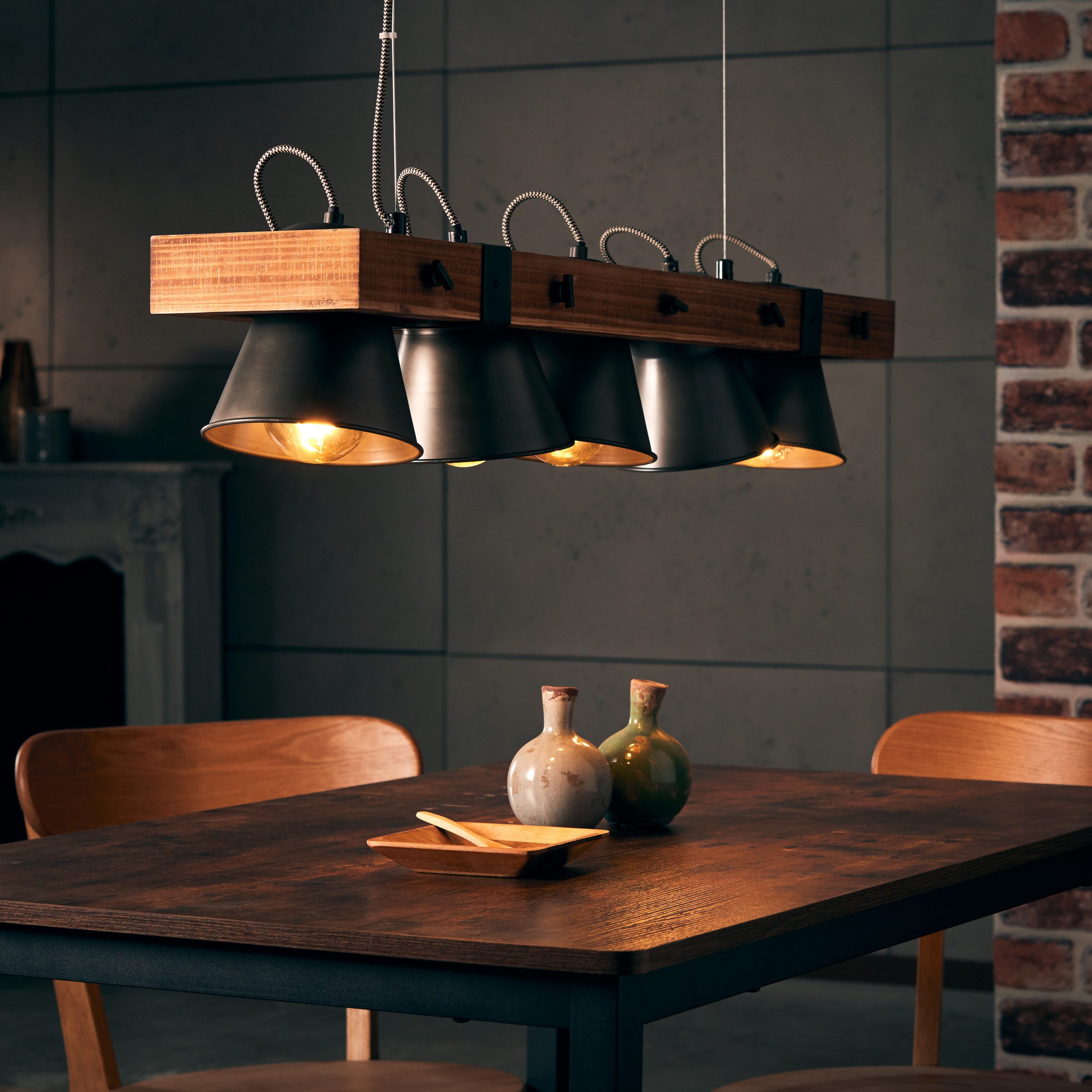 Lightbox Pendelleuchte, ohne Leuchtmittel, Hängelampe, 115 cm Höhe, E27, max. 10 W, Metall/Holz