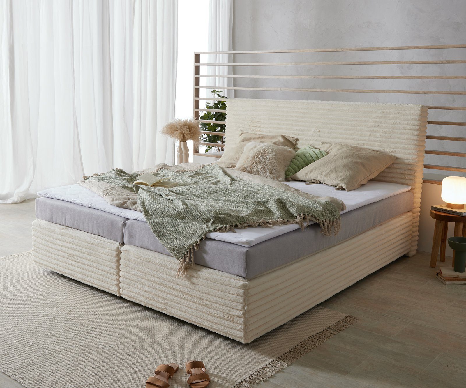 DELIFE Boxspringbett Dream-Well, Plüsch-Cord Beige 180x200 günstig online kaufen