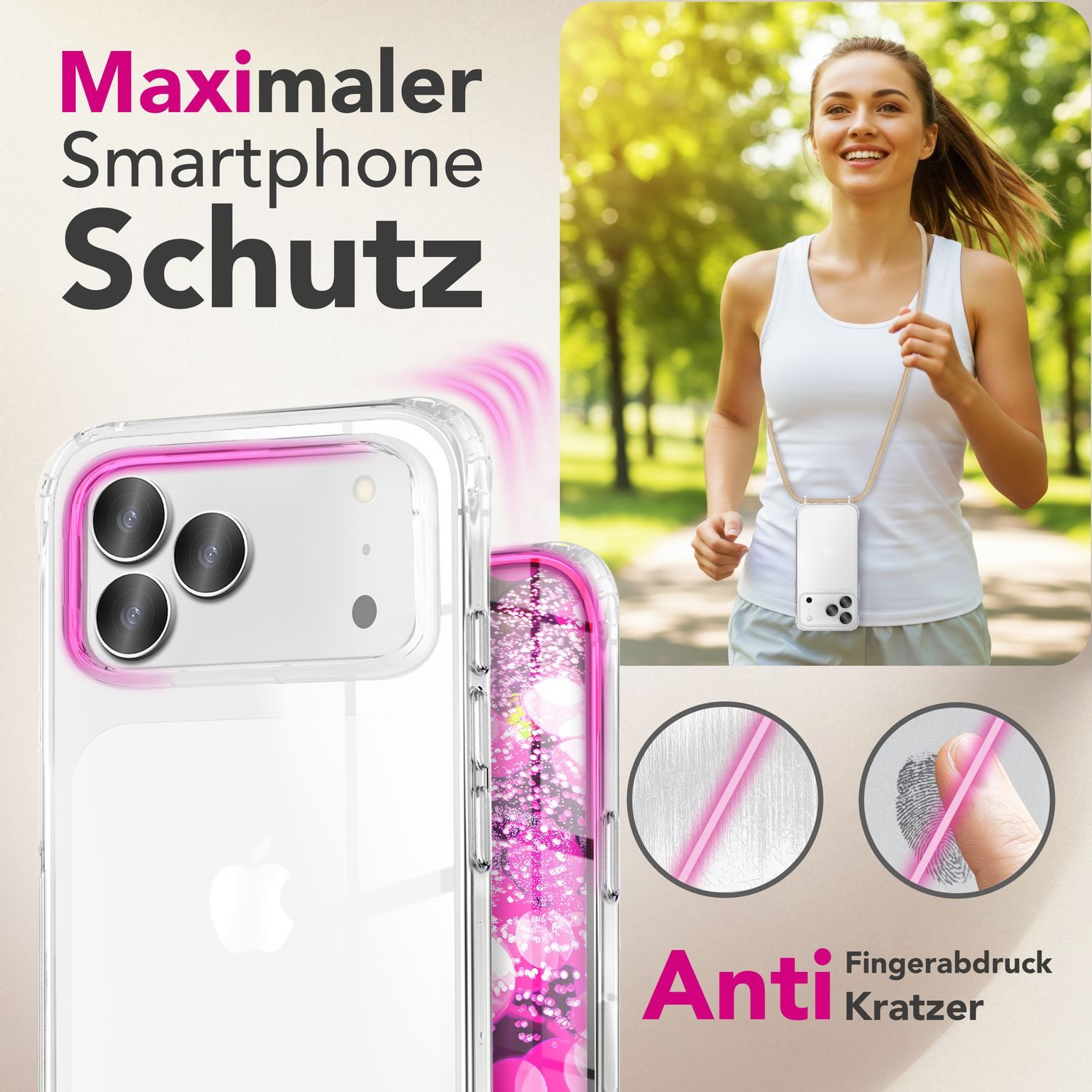 Nalia Smartphone-Hülle Apple iPhone 17 Pro Max 17,5 cm (6,9 Zoll), Klare Hülle mit Band zum Umhängen / 160cm Handy Kette Verstellbar