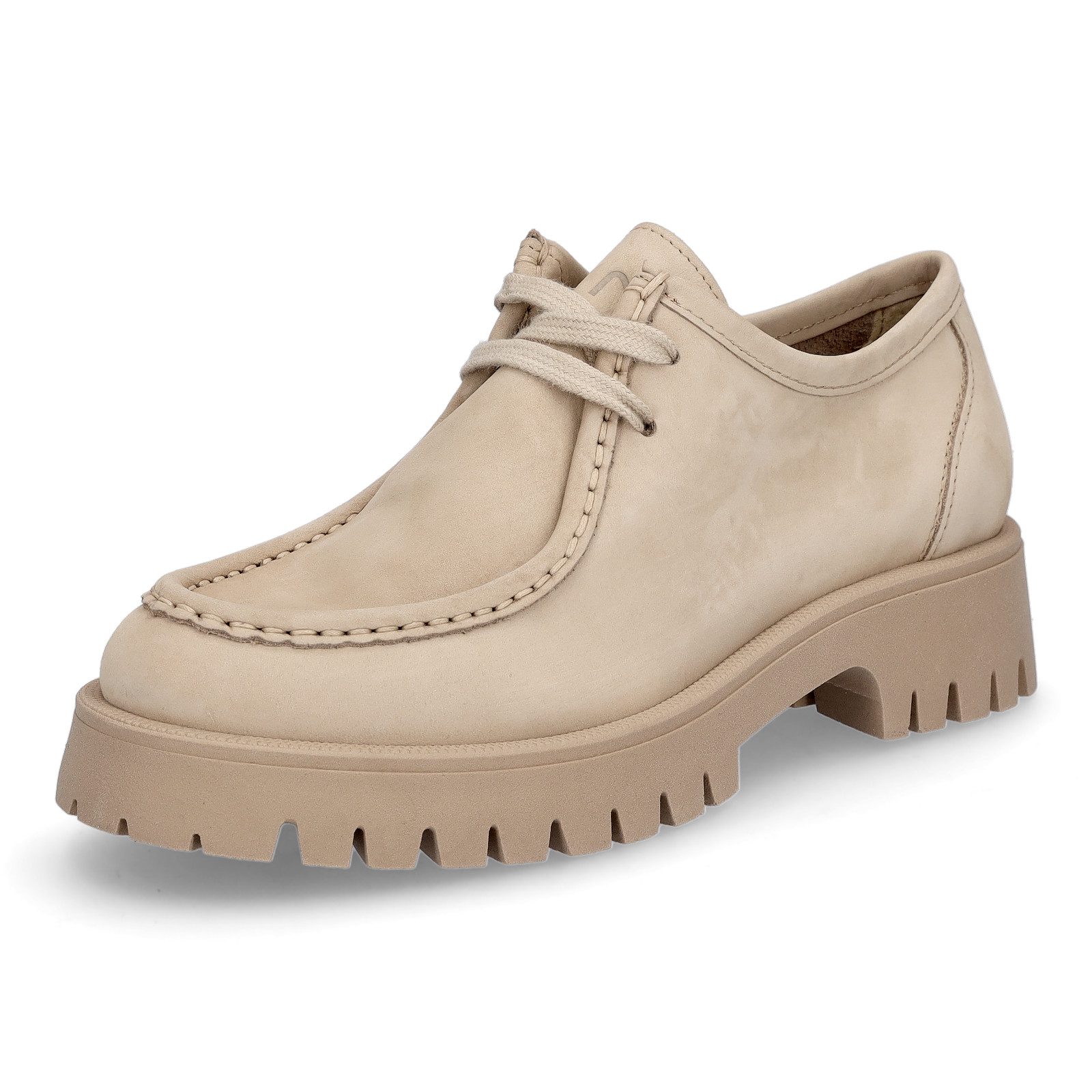 MIDS MINKA Damen Schnürschuh sand aus Nubukleder mit Mokassinnaht, Blockabsatz & Profilsohle