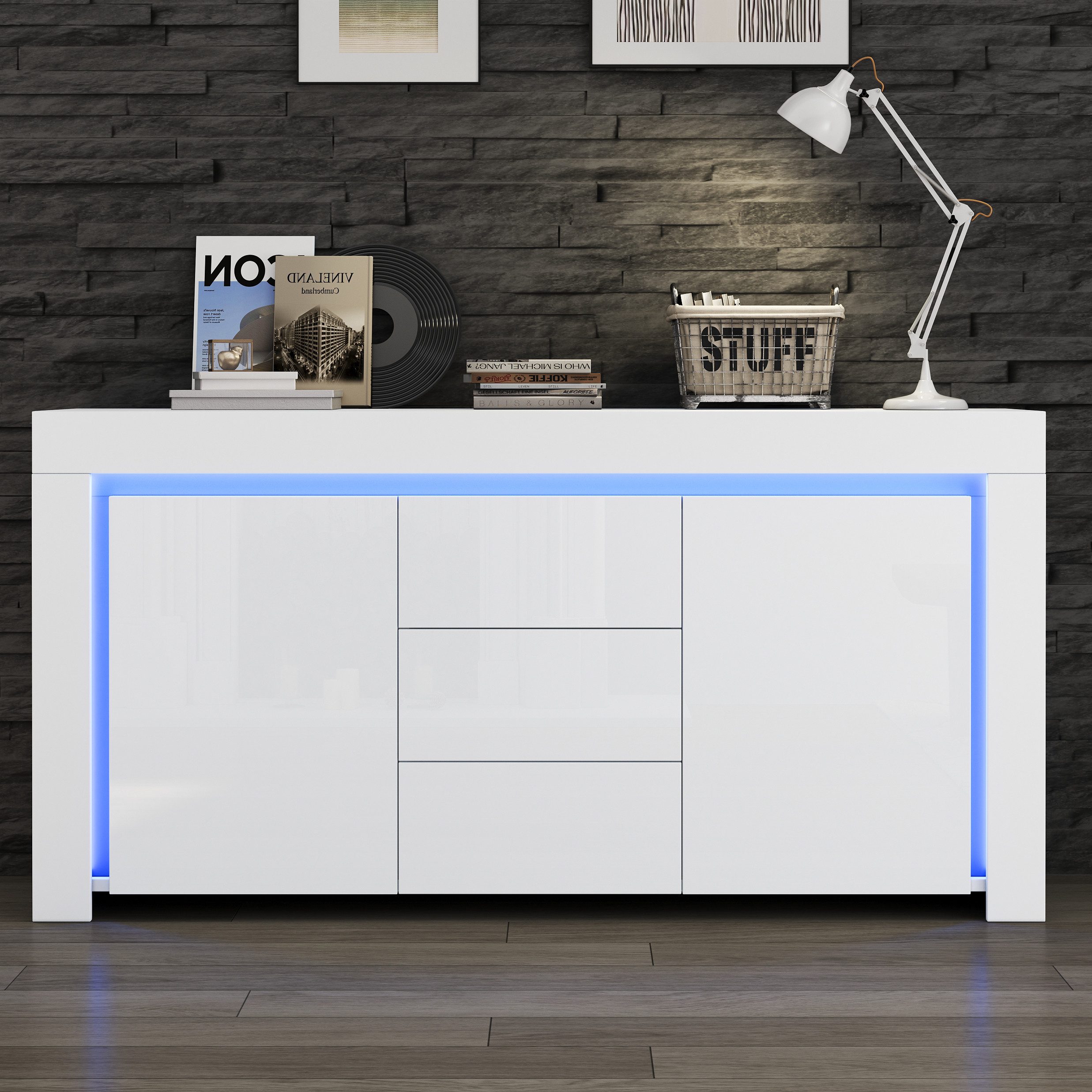 OKWISH Sideboard Hochglanz Beistellschrank mit LED-Lichtleiste (Kommode, An günstig online kaufen