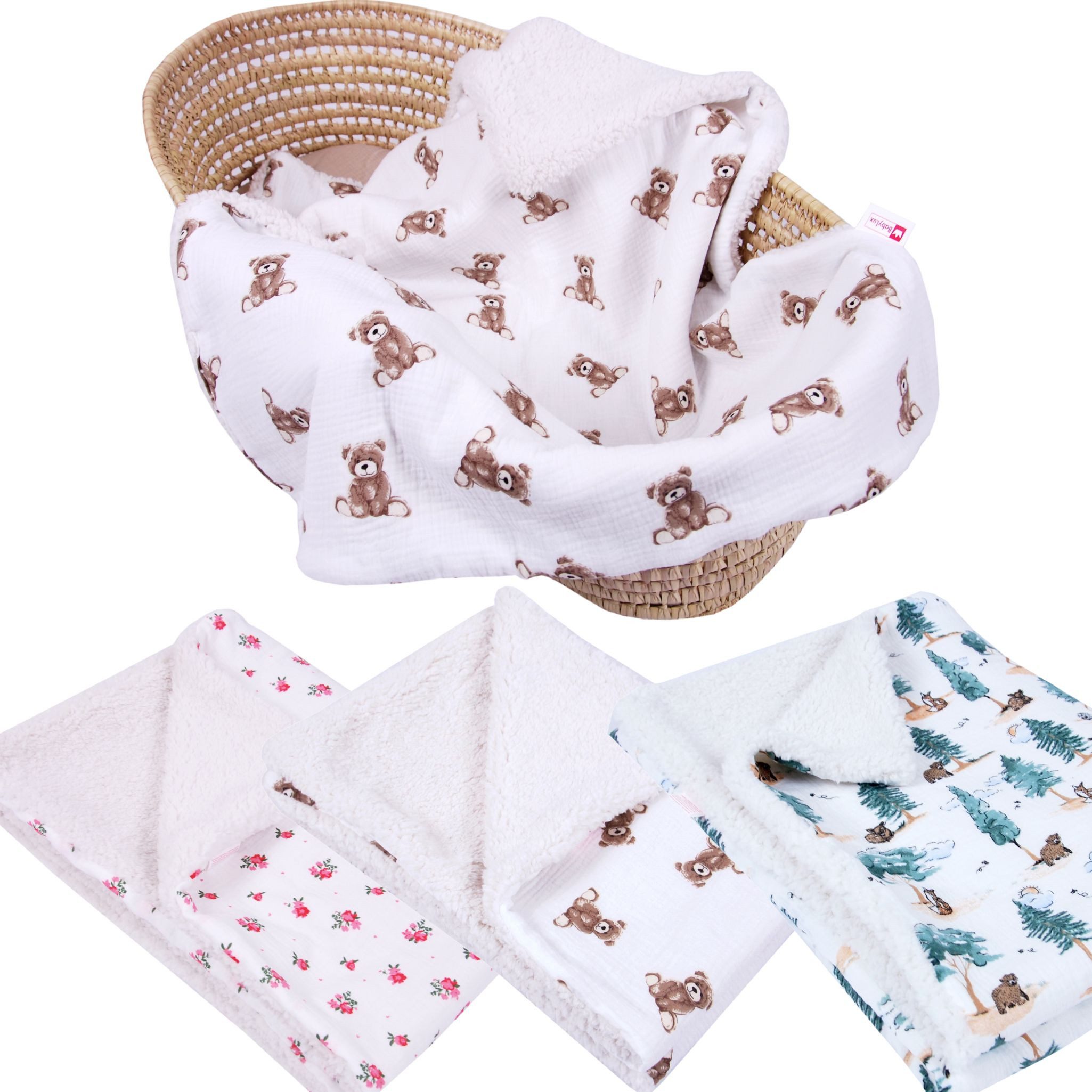 Kinderbettdecke Musselin & Teddy Kuscheldecke 100x75 cm – Zweiseitig für Kinderwagen