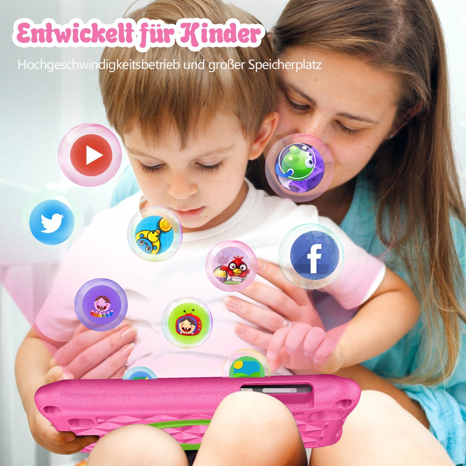 Ulife Lerntablet VASOUN M7 Kids, Zoll, Jahren, Augenschutz, System Kinder ab 2 fallfest, Halterung, 7 für Dual-Kamera, mit Rosa elterlichen der Kontrolle