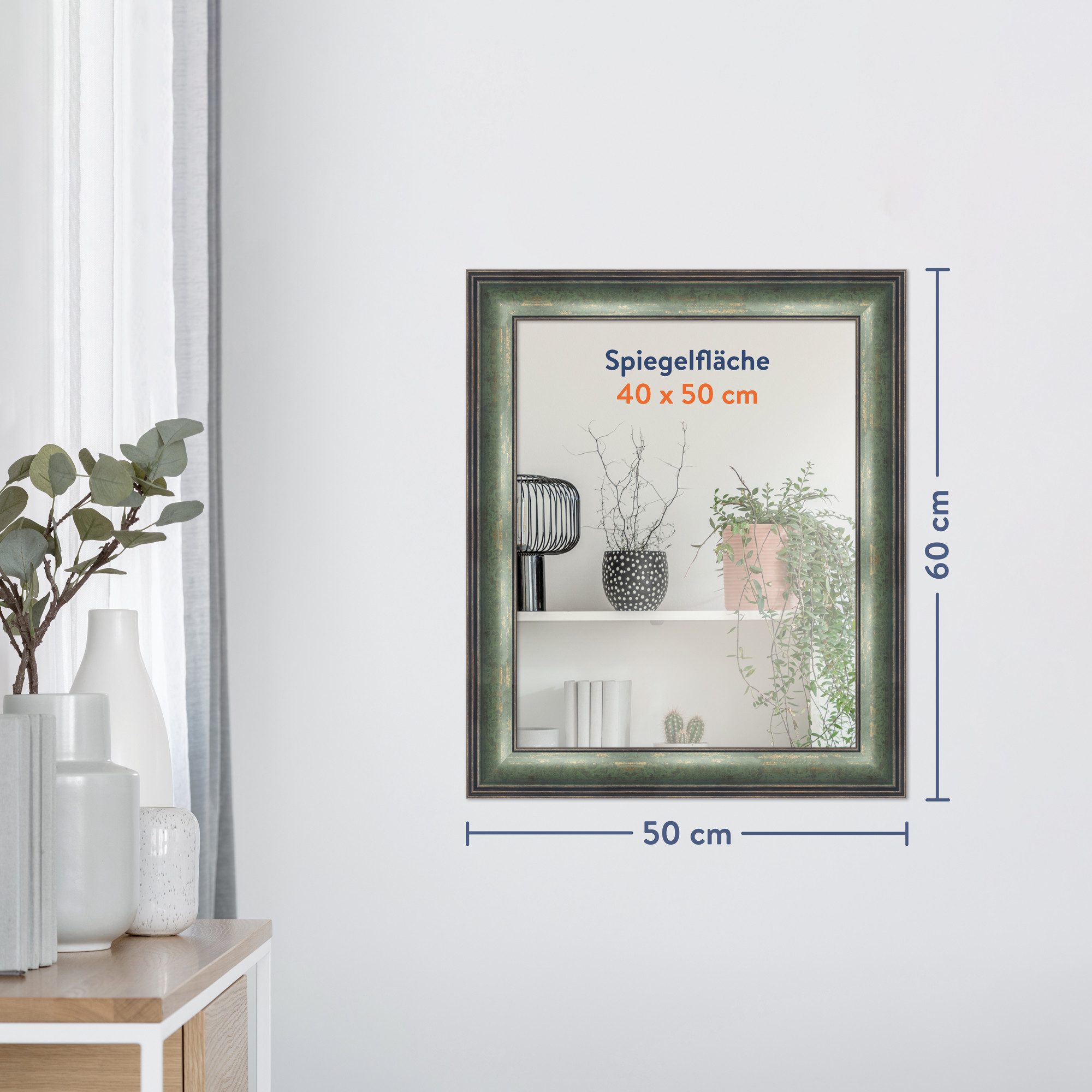 WANDStyle Wandspiegel H235, Vintage Spiegel Grün 50x60 cm, großer Wandspiegel Grün 50x60