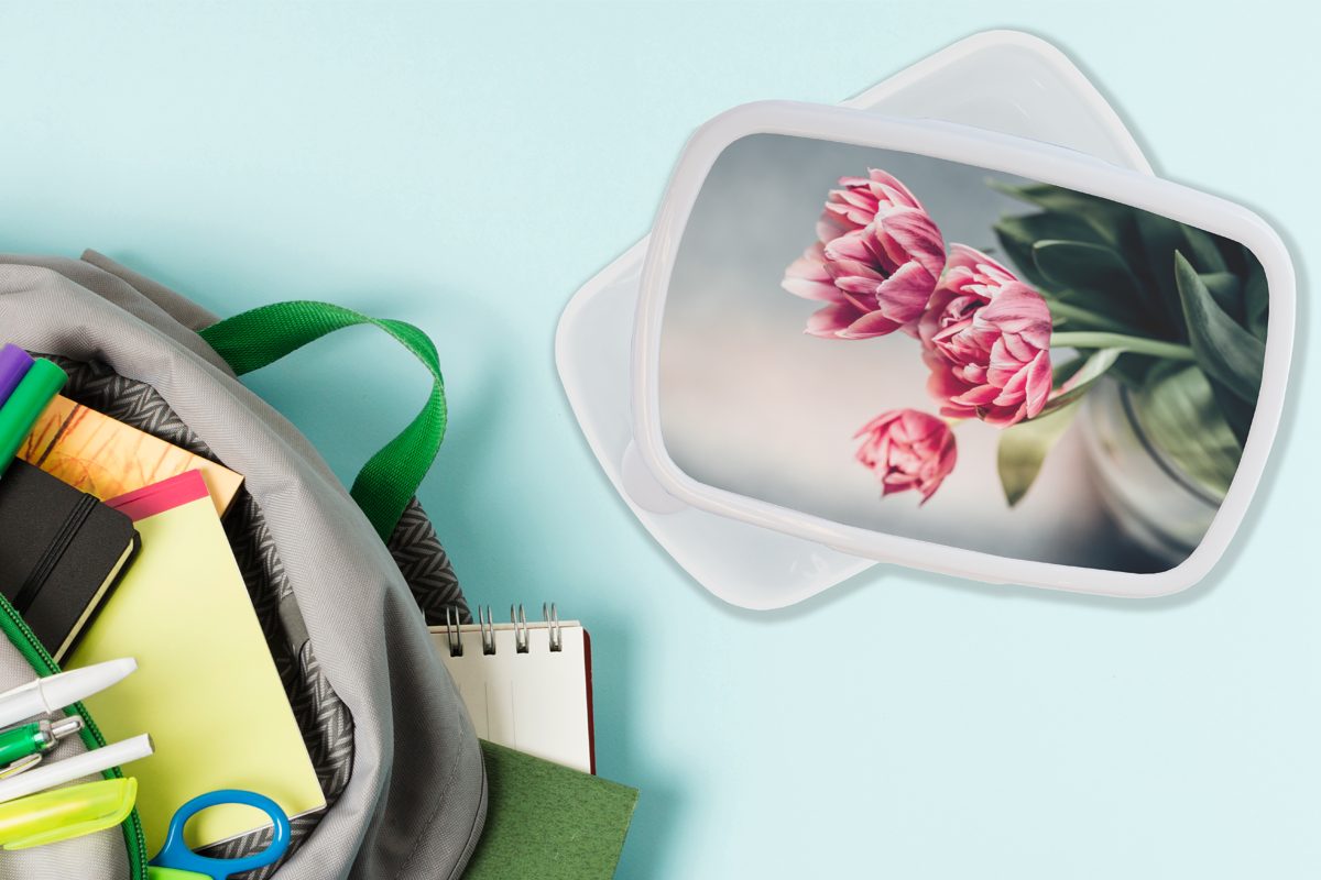 MuchoWow Lunchbox Blumen - Tulpen weiß Jungs für - Erwachsene, Kunststoff, Kinder Rosa, Mädchen Brotdose, Brotbox und (2-tlg), und für