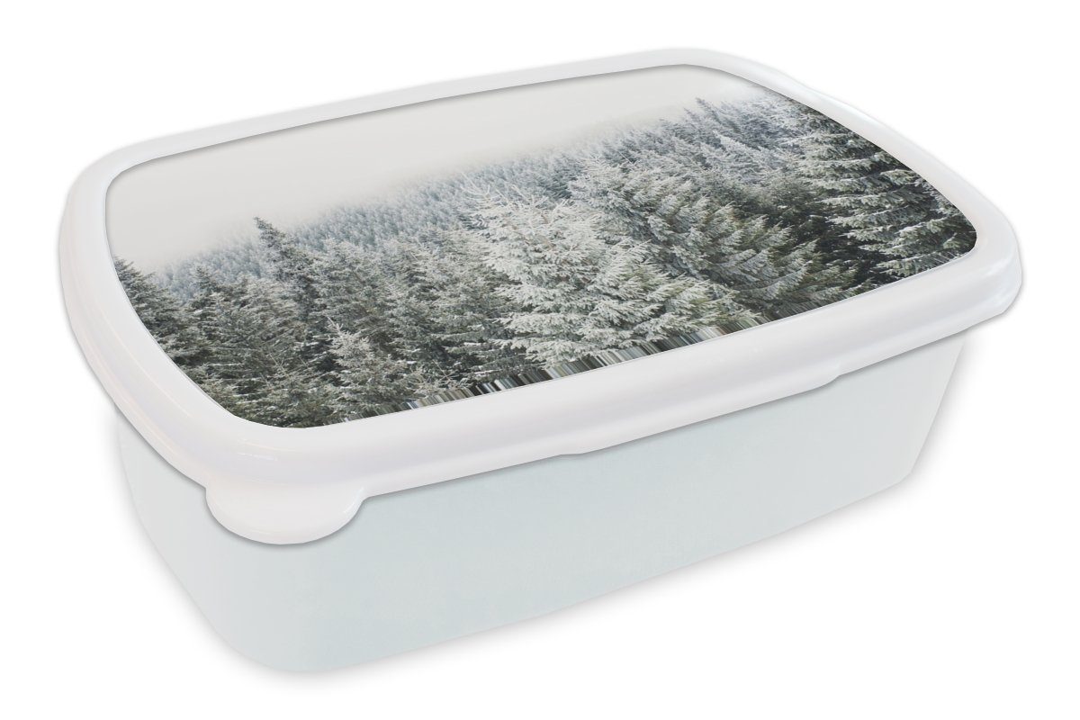 für - Winter - Brotbox Jungs Lunchbox Kunststoff, Brotdose, Wald weiß und Tannenbaum, - (2-tlg), für Kinder - MuchoWow Schnee Jahreszeiten Mädchen Erwachsene, und
