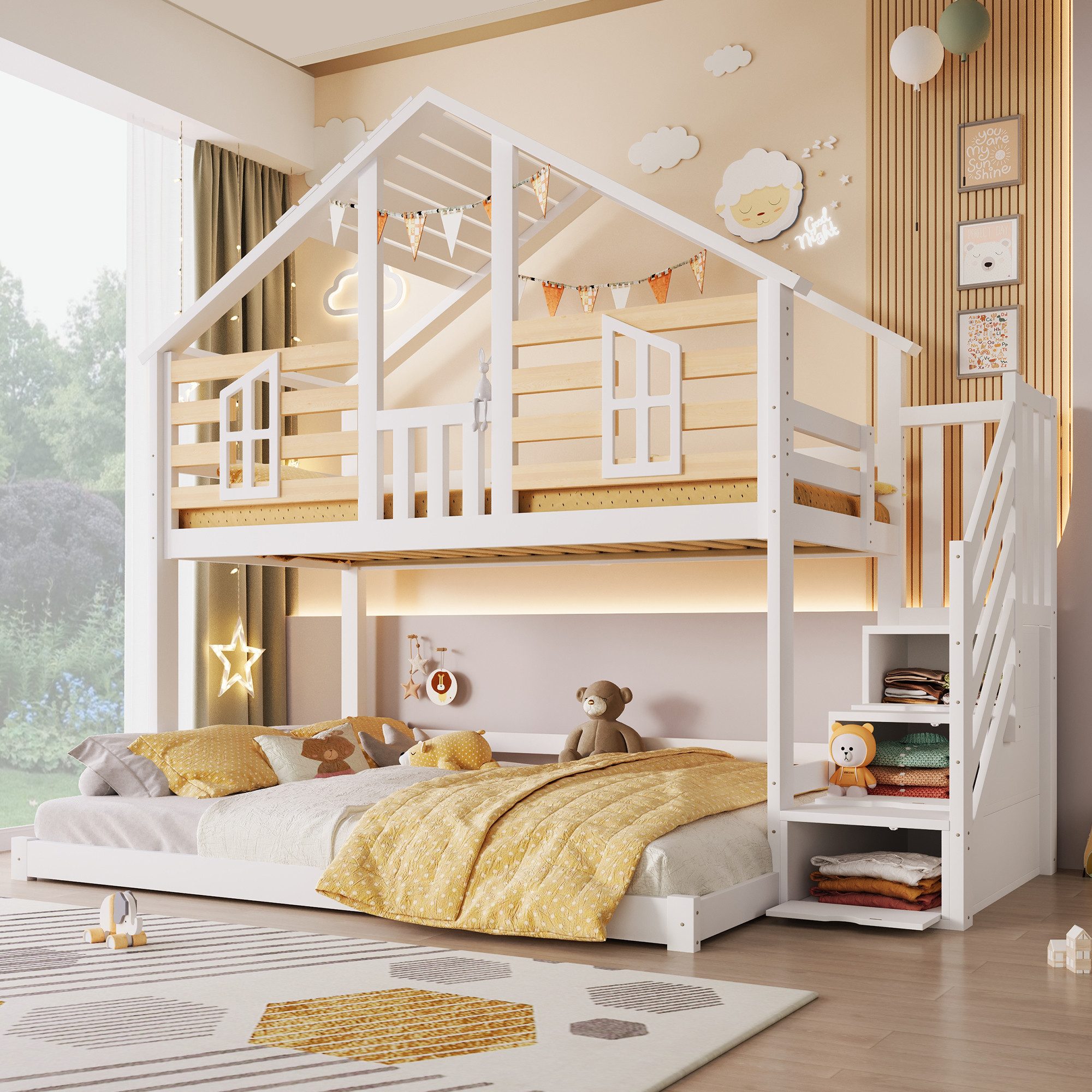 Merax Etagenbett 90x200/140x200cm im Hausdesign (Jugendbett Doppelbett, 1-St), Massivholz Stockbett Kinderbett mit Stauraumtreppe Fenster Dach Zaun