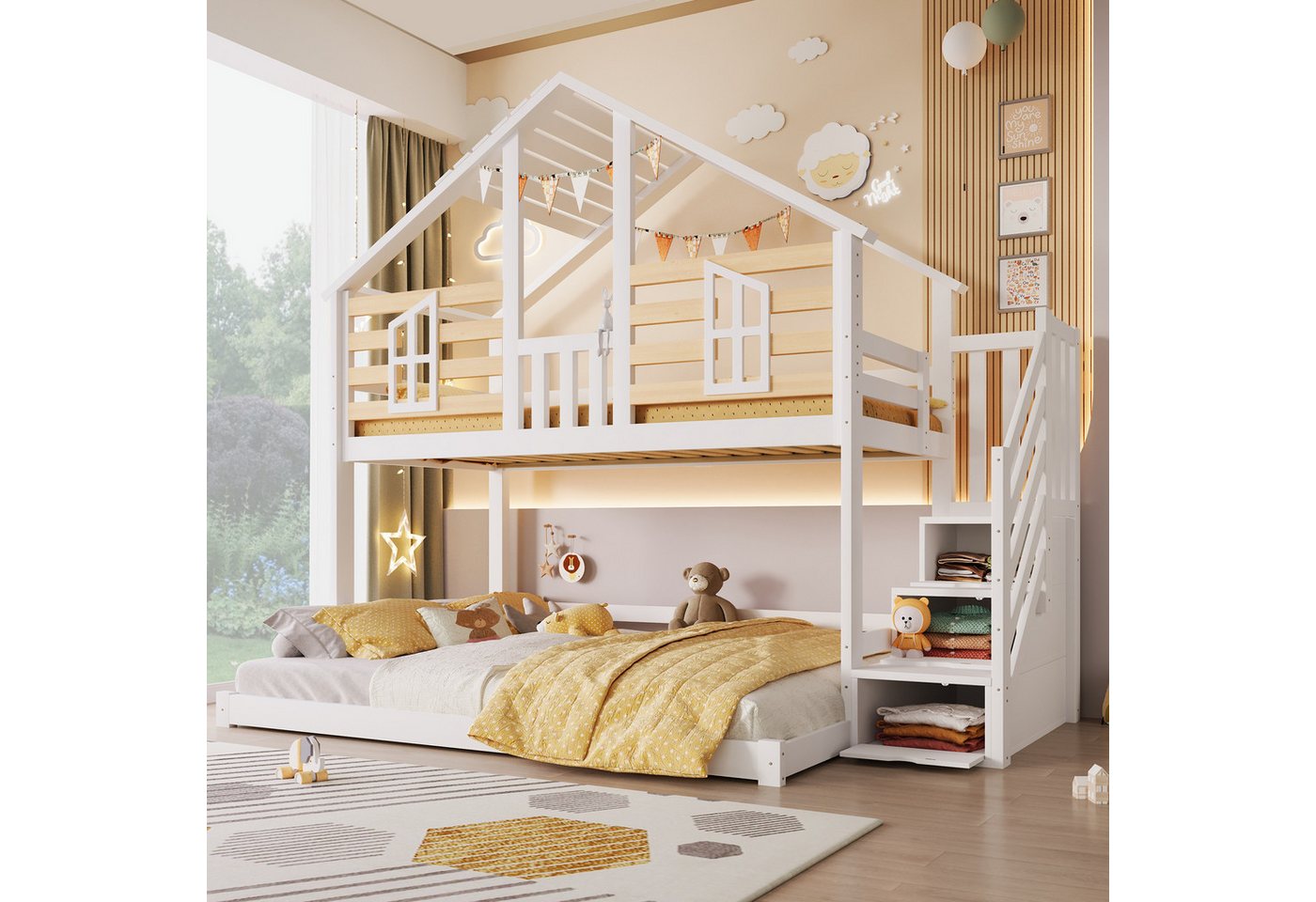 Merax Etagenbett 90x200/140x200cm im Hausdesign (Jugendbett Doppelbett, 1-St), Massivholz Stockbett Kinderbett mit Stauraumtreppe Fenster Dach Zaun