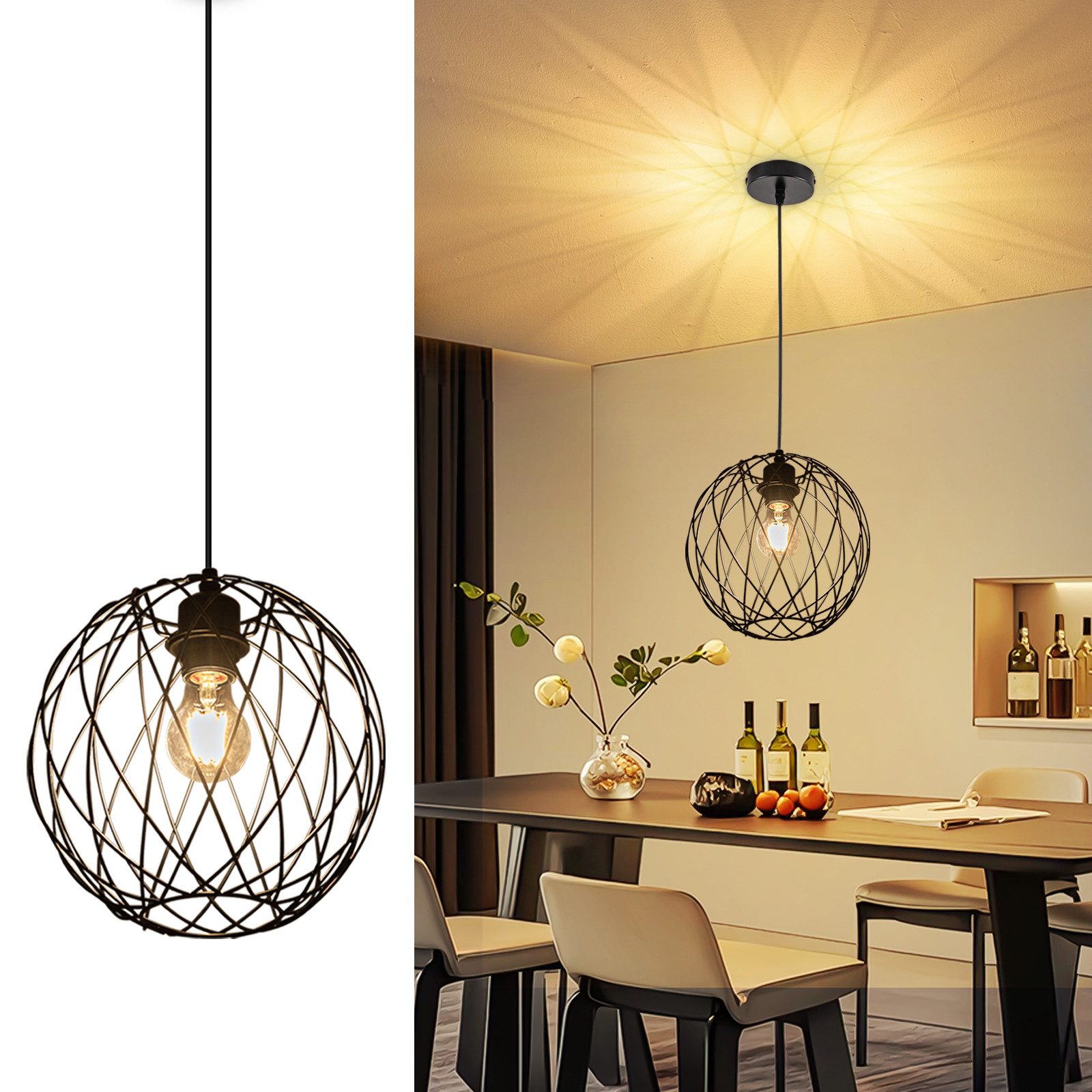 Nettlife Pendelleuchte Esstisch Schwarz Retro E27 1-flammig Höhenverstellbar 120cm, Höhenverstellbar, ohne Leuchtmittel, Hängelampe Vintage …