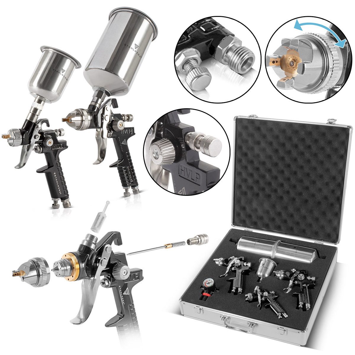 STAHLWERK Druckluftwerkzeug HVLP Lackierpistolen Set SGS-1125 ST, (Paket, 13-tlg., Set), Profi Spritzpistole