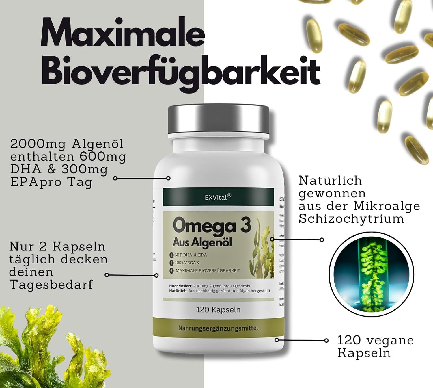 Omega 3 aus Algenöl, 120 vegane Softgelkapseln Kapseln, 120 g