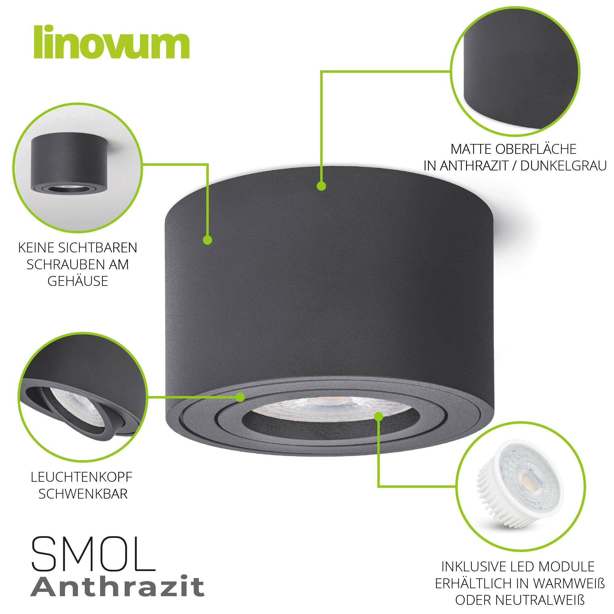 & linovum 5W, matt SMOL in rund schwenkbar Aufbaustrahler Aufbauleuchte anthrazit inklusive, LED inklusive mit Leuchtmittel Leuchtmittel LED