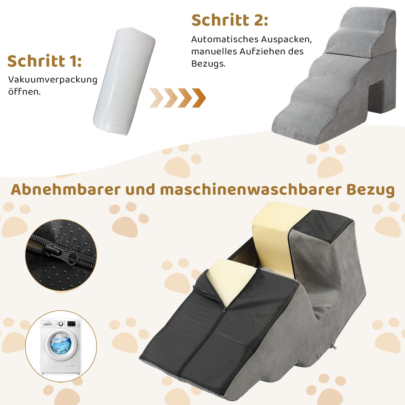 LALAHO Haustiertreppe 5 Stufen mit Katzenhöhle für Kleine, Hunde 74 cm Hoch, Haustiertreppe mit Abnehmbarem Waschbarem Bezu