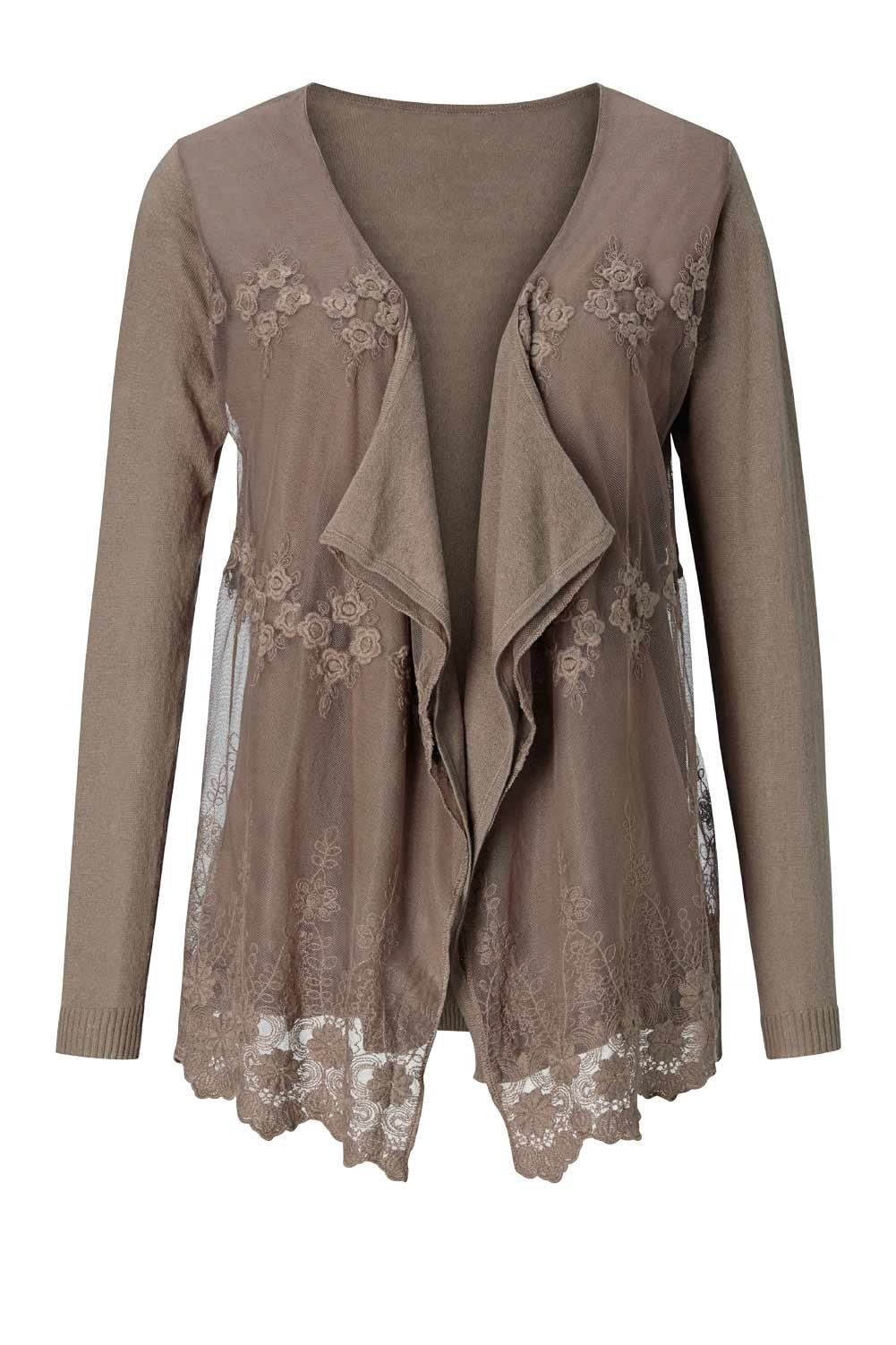 Together+ Strickjacke TOGETHER Damen Strickjacke mit Spitze, taupe