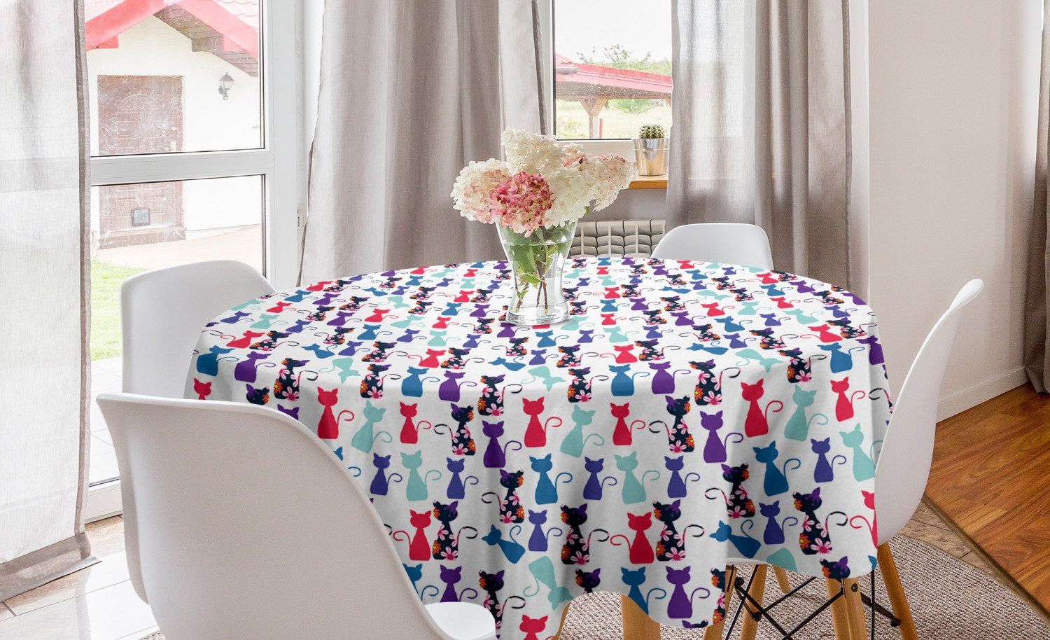 Abakuhaus Tischdecke Kreis Tischdecke Abdeckung für Esszimmer Küche Dekoration, Kätzchen Baby-Katzen Blumen Farben