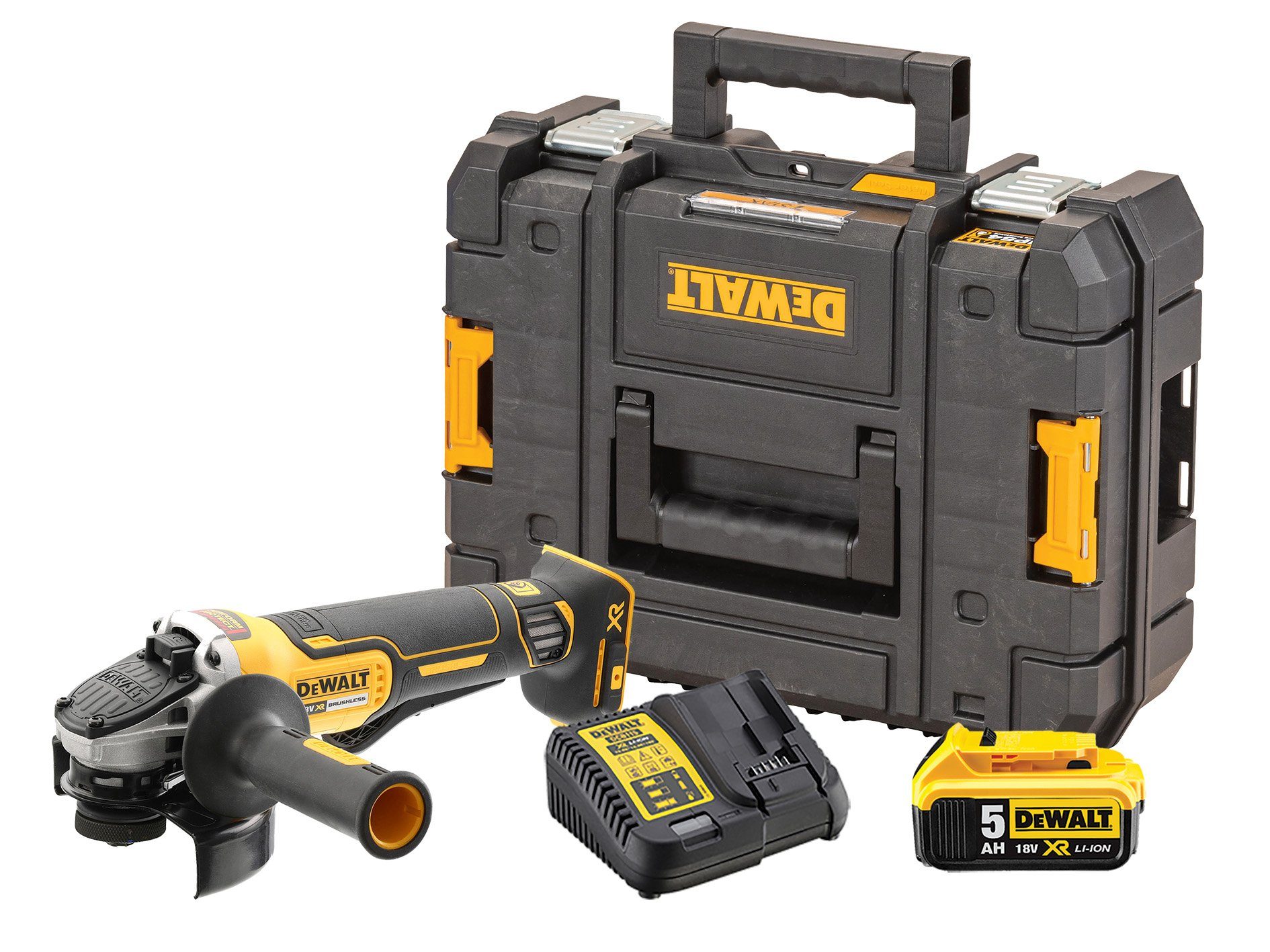 DeWalt Akku-Winkelschleifer Set DCG406NT-XJ (bl) 800W, DCB115 Schnellladegerät (10,8-18V), max. 9000 U/min, (3 tlg., DCG406NT-XJ + DCB115 + DCB184), 1x DCB184 18V/5Ah Akku, T STAK-Box II