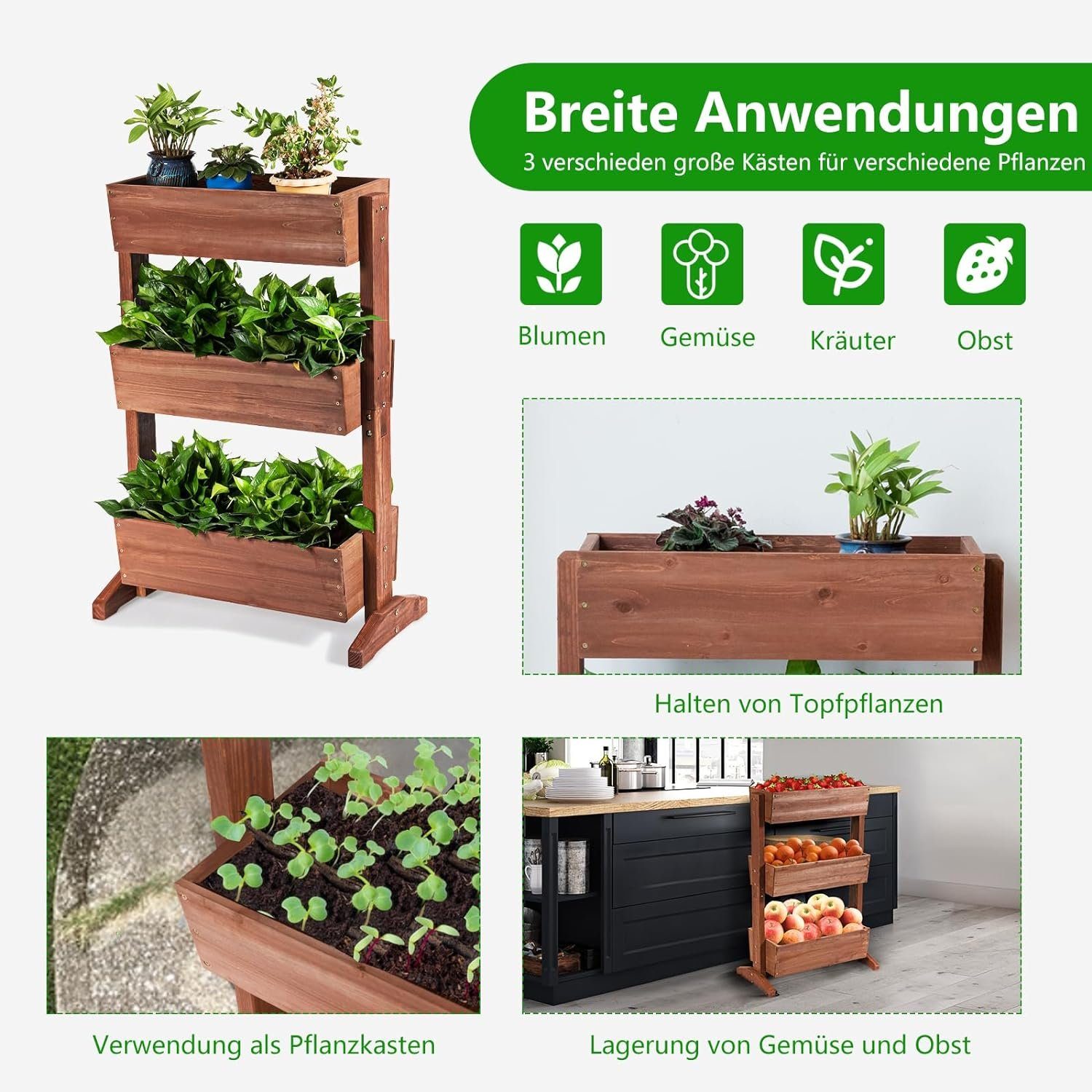 KOMFOTTEU Hochbeet 3 Etagen Blumenbeet, mit verstellbaren Blumentrögen & Ablauflöchern
