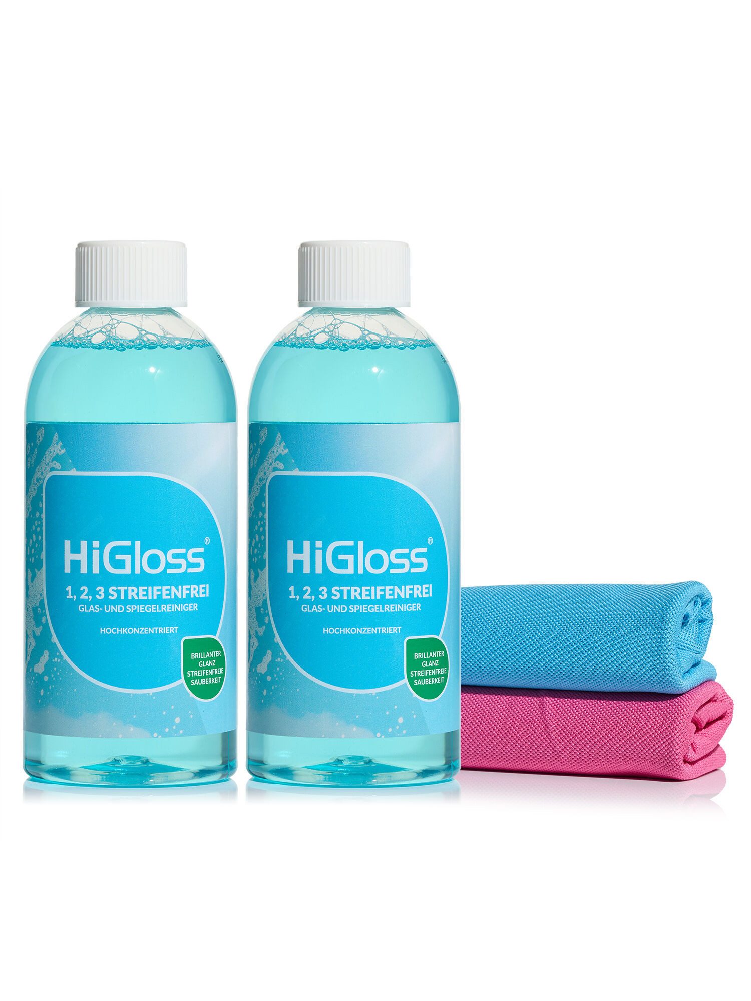 HiGloss Glas- & Spiegelreiniger Set mit Kristalltüchern Glasreiniger (6-St. 2 x 500 ml streifenfreier Glanz für Fenster Spiegel & Hochglanzflächen)
