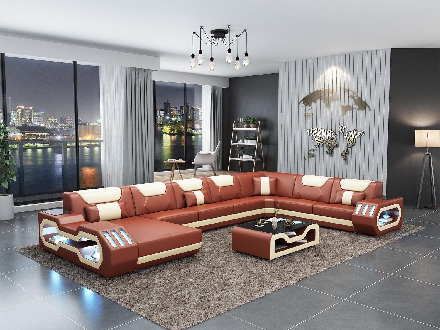 JVmoebel Wohnzimmer-Set, Ecksofa U-Form Couchtisch Couch Design Grau Polster Leder Modern Rot/Weiß