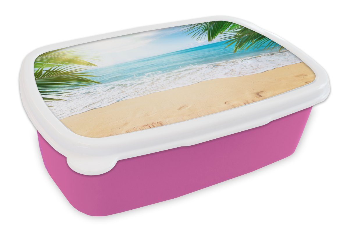 MuchoWow Lunchbox Strand - Sand - Meer - Palme, Kunststoff, (2-tlg), Brotbox für Erwachsene, Brotdose Kinder, Snackbox, Mädchen, Kunststoff rosa