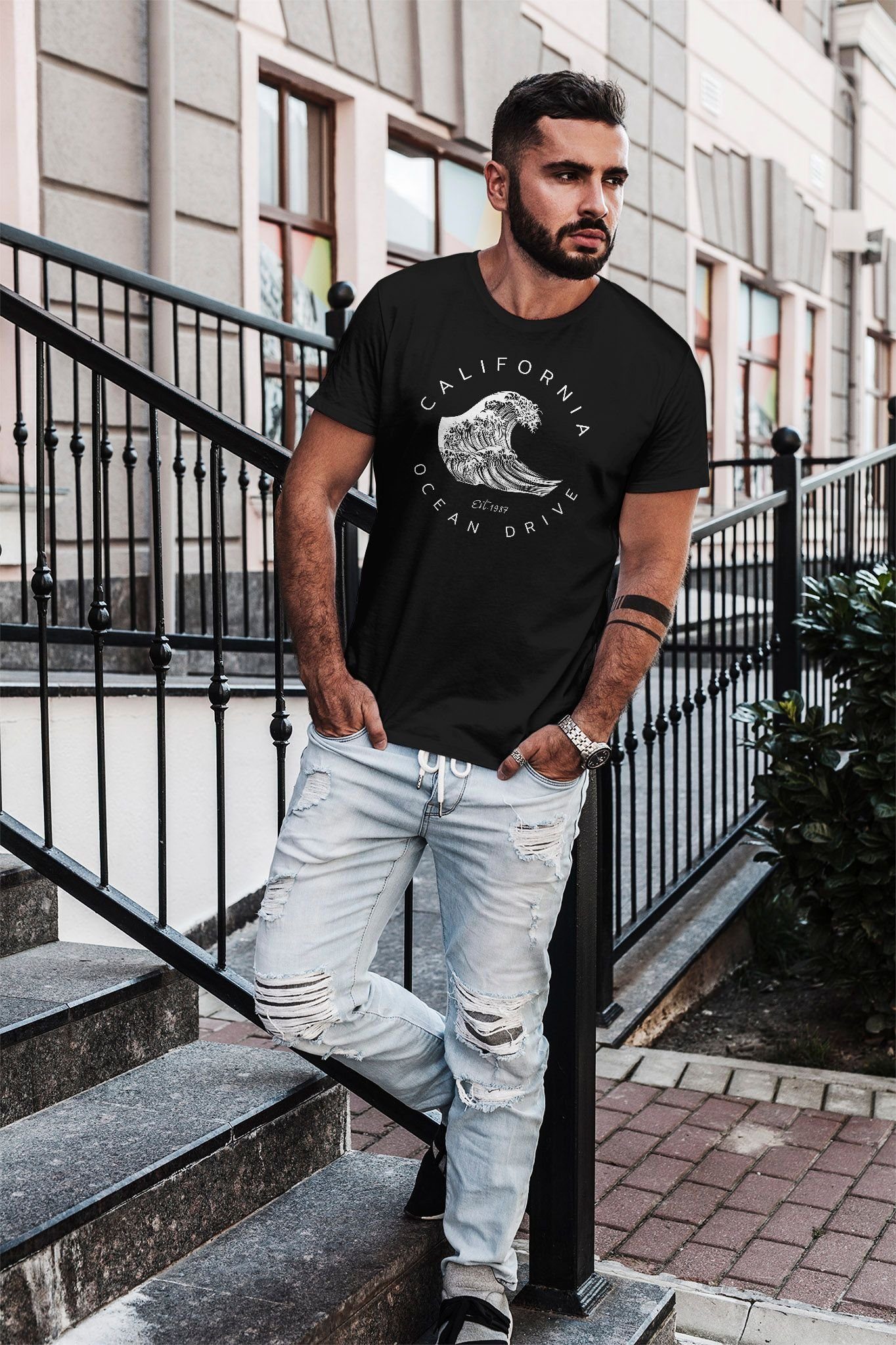 Neverless Print-Shirt Herren T-Shirt Welle Wave California Ocean Drive Surf Summer Slim Fit mit Print