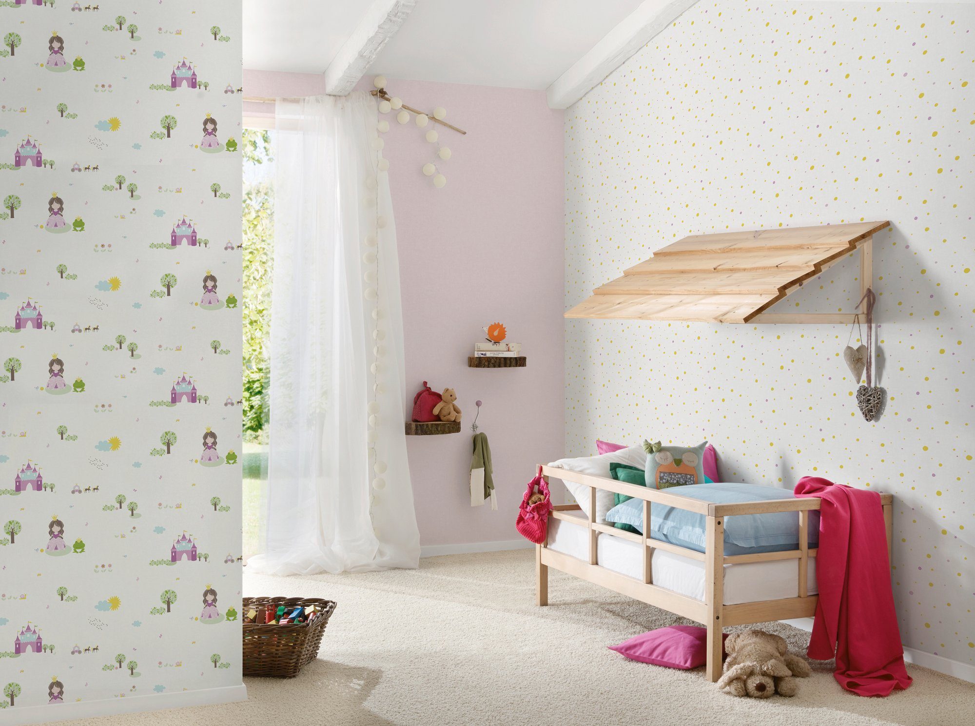 Little Kinderzimmer weiß/braun/rosa Tapete glatt, Metallic walls living Punkte Vliestapete gepunktet, Stars,