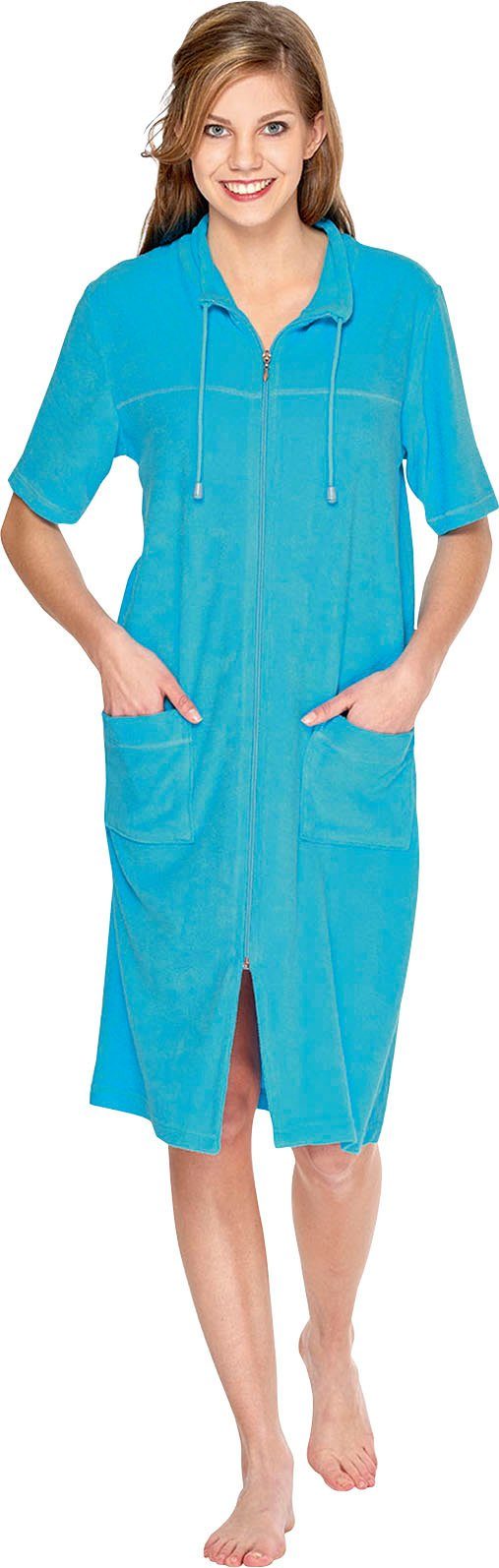 Kurzform, türkis Kurzarm Reißverschluss, Kragen mit fashion Stehkragen, Leichtfrottee, Strandkleid, 033, Damenbademantel kurz, Reißverschluss, Wewo Kordel, mit