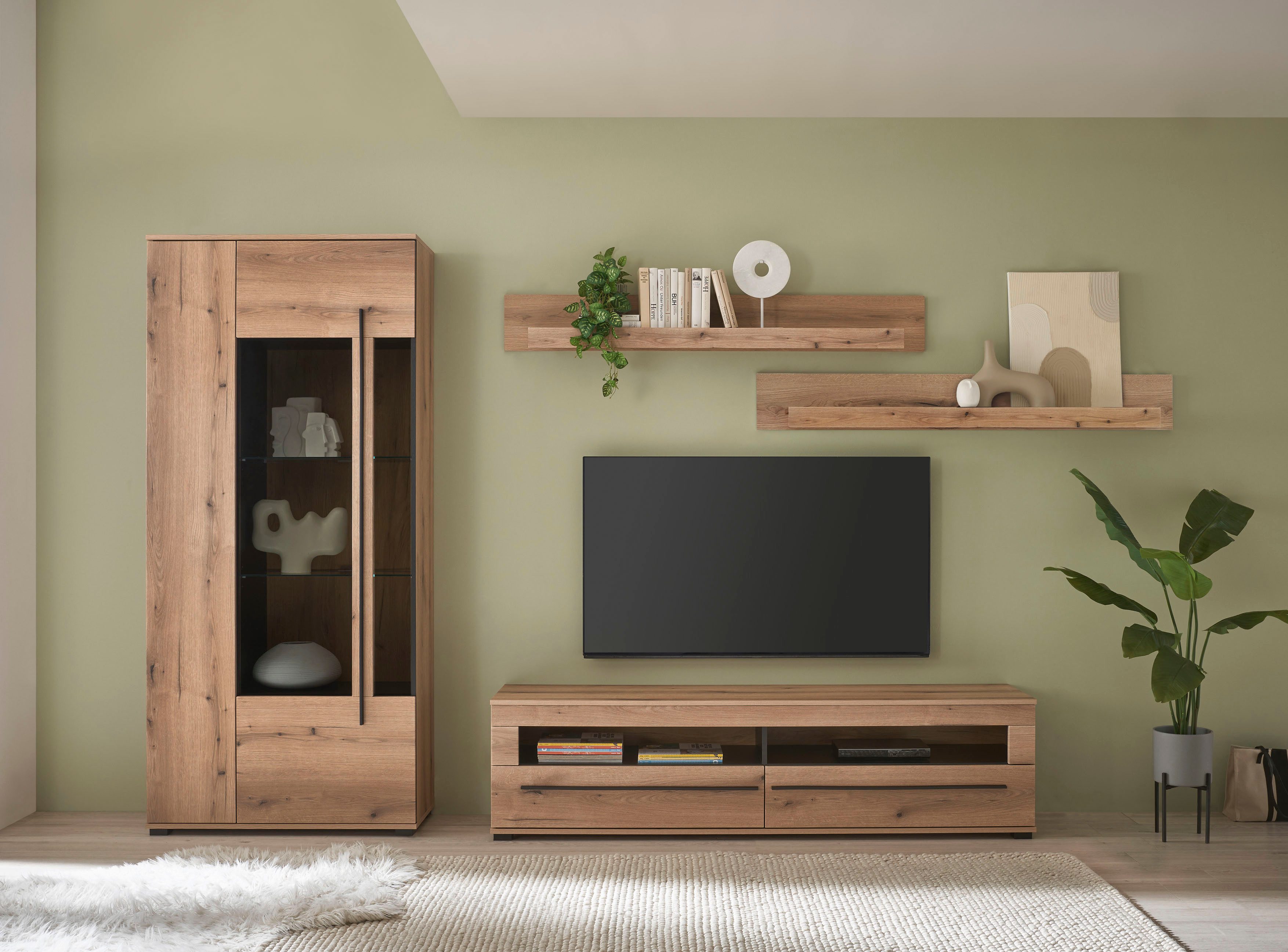 Home affaire Wohnwand Cantara, moderne Anbauwand, Wohnzimmer-Set, in Eiche Evoke oder Weiß, (Set), enthält eine Vitrine, ein Lowboard und zwei Wandboards