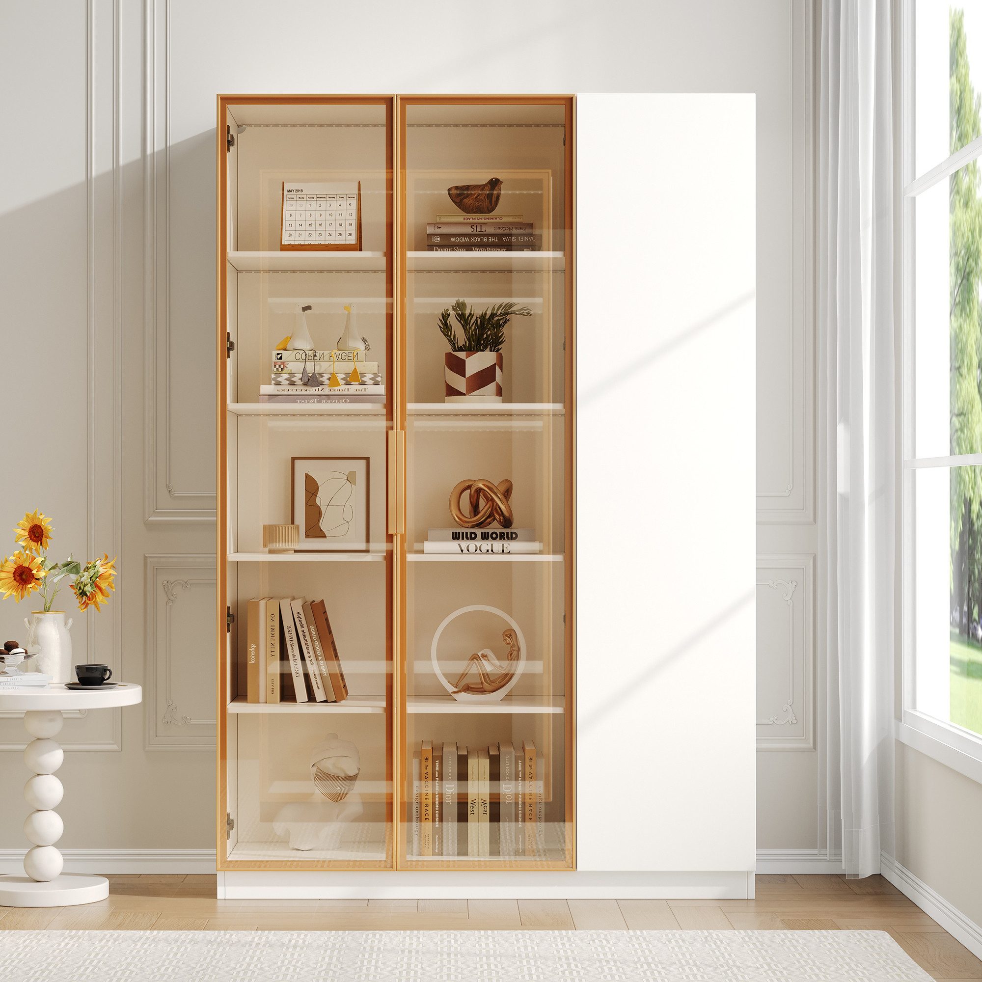 Flieks Glasvitrine Hochschrank mit LED-Beleuchtung, 2 Glastüren und 1 Holztüren (1-St., B110/T35/H165 cm) Standvitrine mit verstellbaren Einlegeböden Vitrinenschrank Weiß