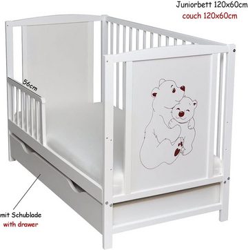 Dedstore-Baby Kinderbett mit Matratze 120x60cm Komplett Set Weiß Bär Spannbettlaken (Spar-Set, Komplett Set), inkl. Schublade, Laken, umbauteil zum Juniorbett