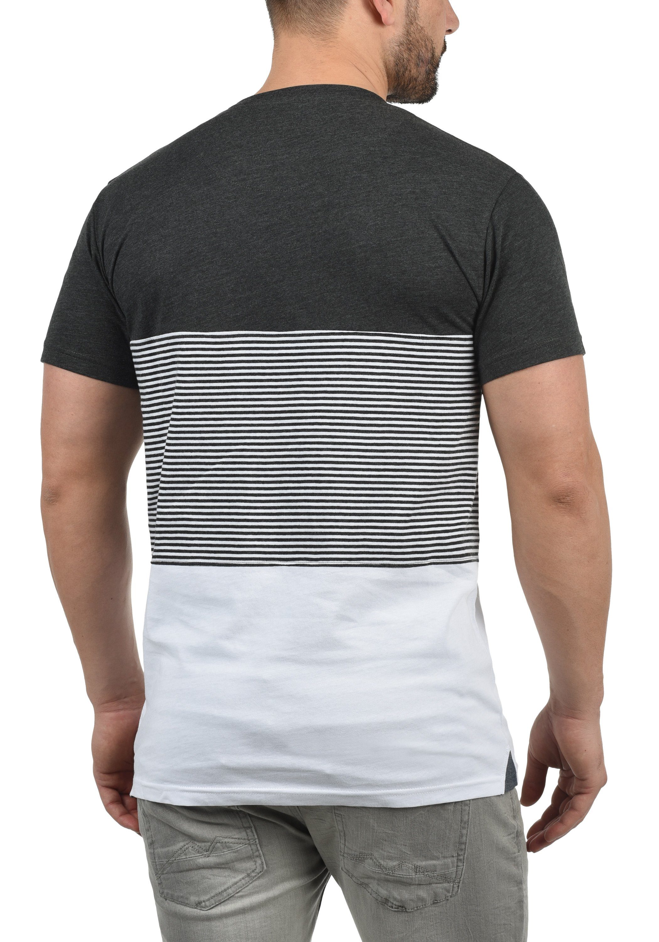 !Solid (8288) und Streifen Grey Rundhalsshirt mit Dark Melange Kurzarmshirt SDMalte Brusttasche